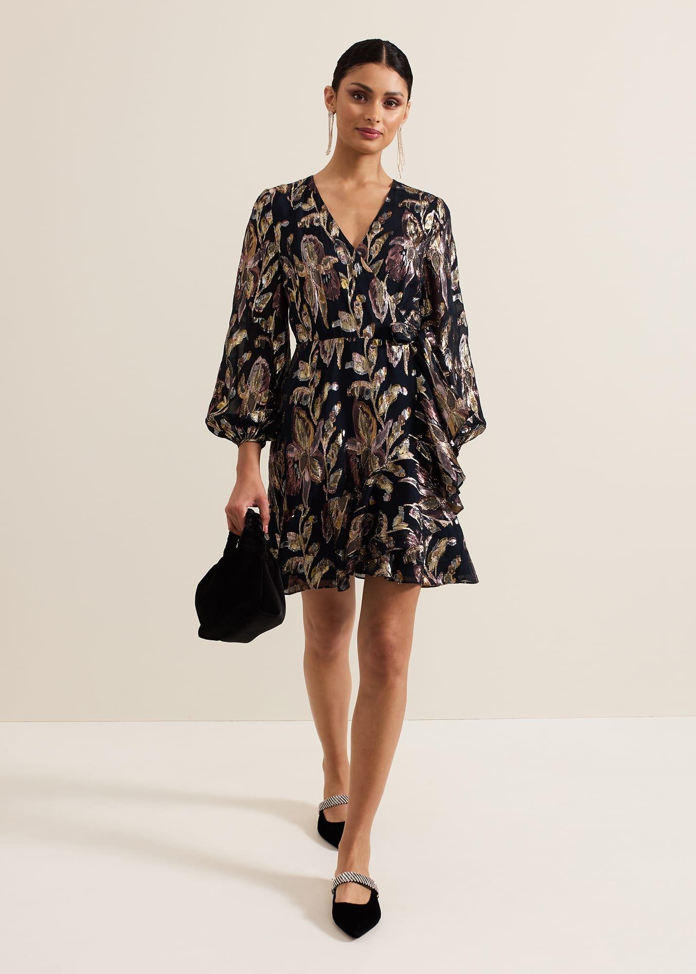 Amelia Navy Foil Wrap Dress