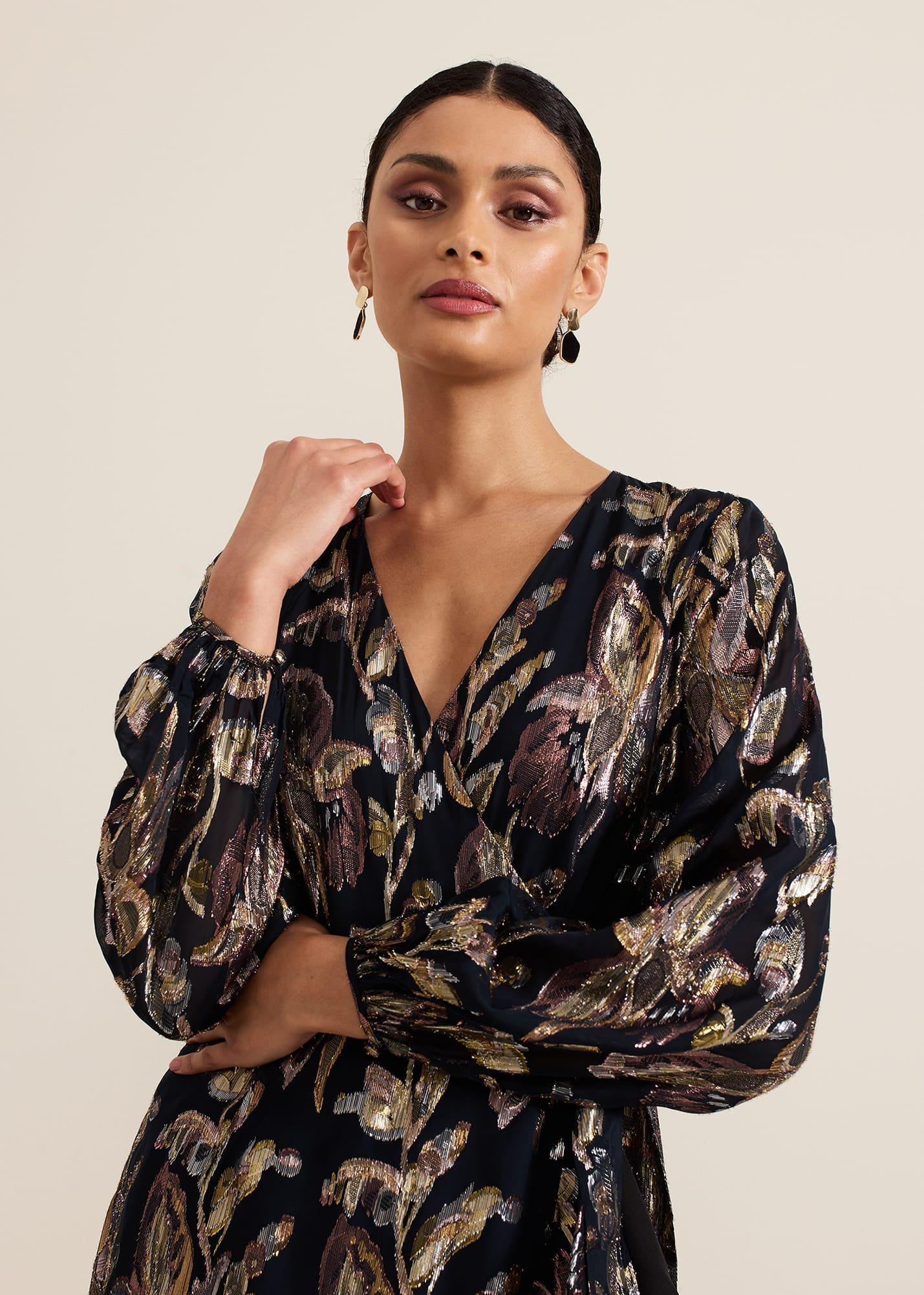 Amelia Navy Foil Wrap Dress
