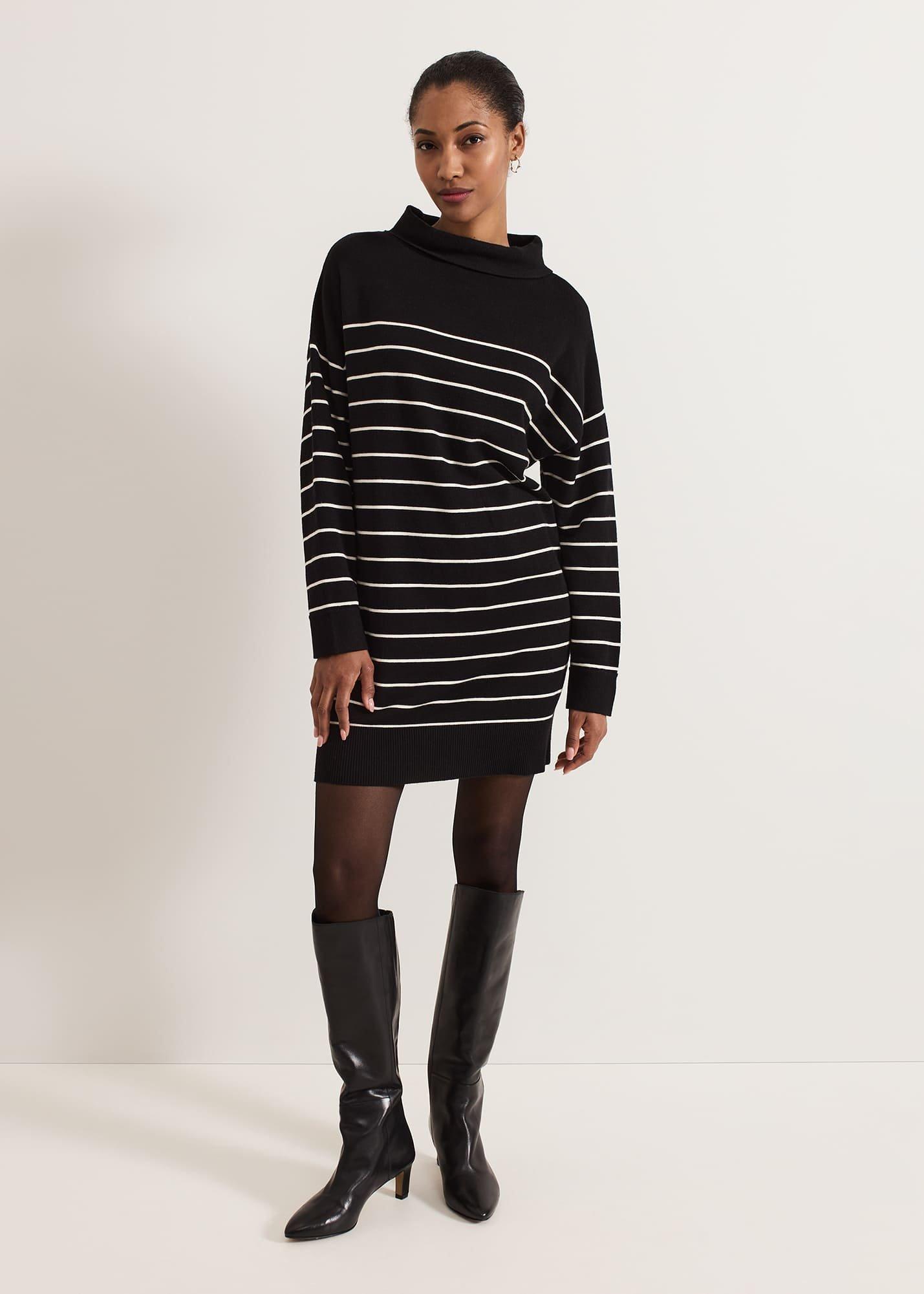 ${product-id}-Skylar Stripe Funnel Neck Jumper Dress-Black/Ivory-${view-type}