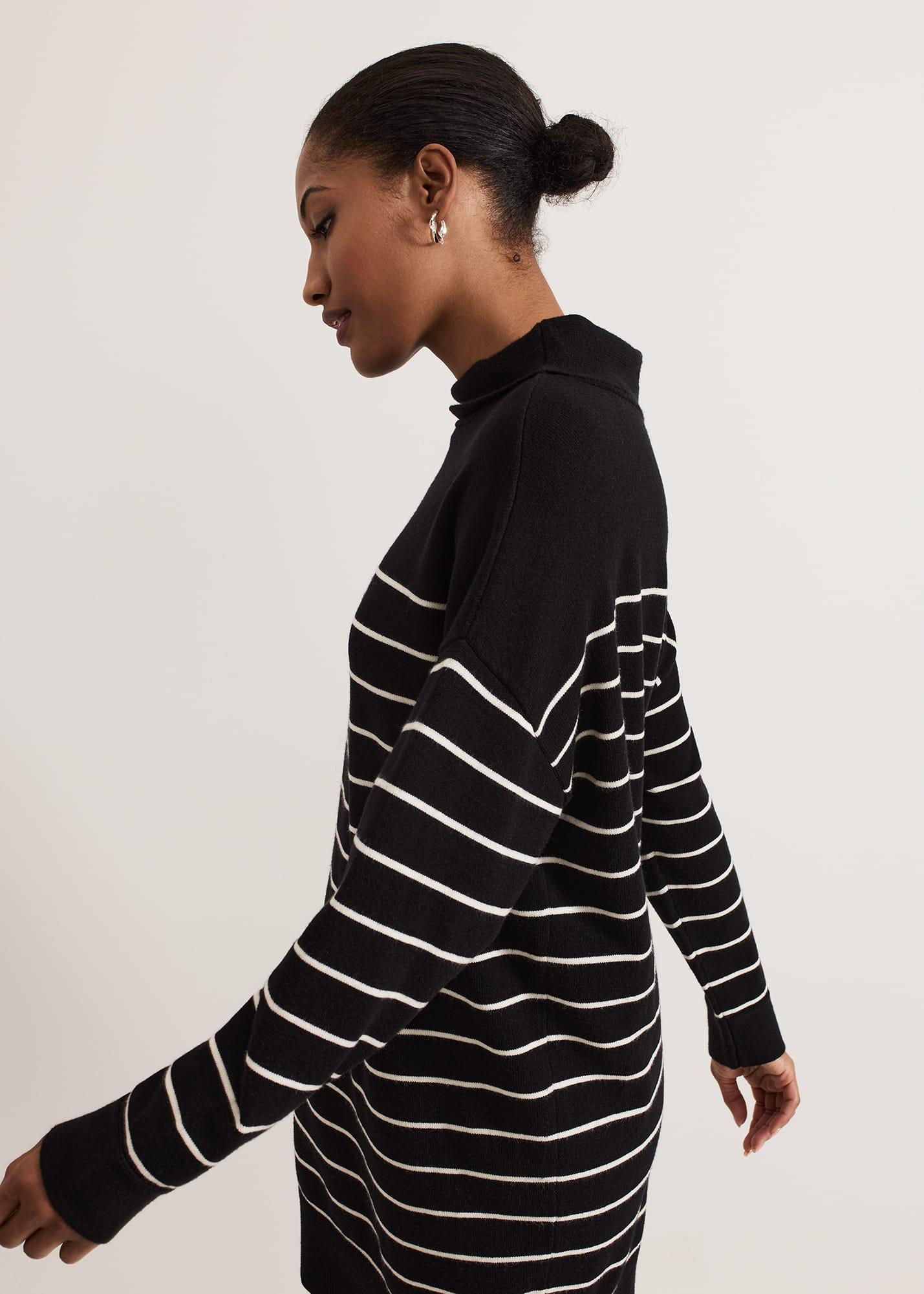 ${product-id}-Skylar Stripe Funnel Neck Jumper Dress-Black/Ivory-${view-type}