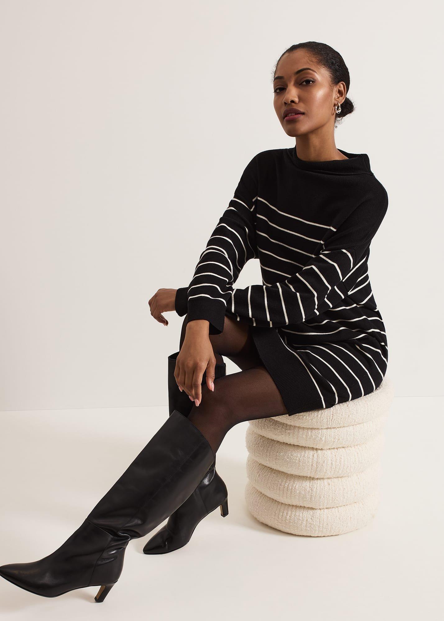 ${product-id}-Skylar Stripe Funnel Neck Jumper Dress-Black/Ivory-${view-type}