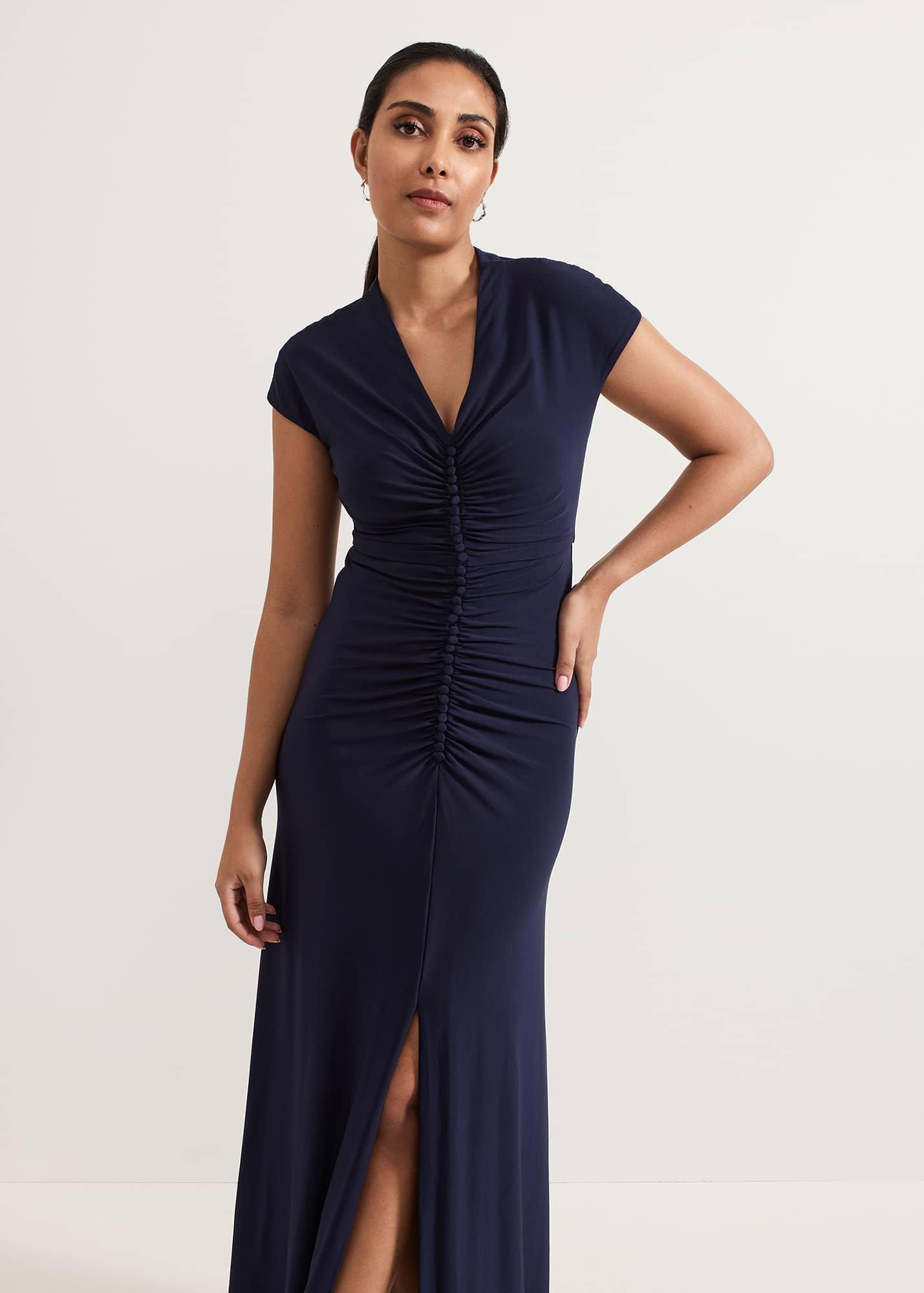 ${product-id}-Petite Daisy Navy Ruched Maxi Dress-Navy-${view-type}