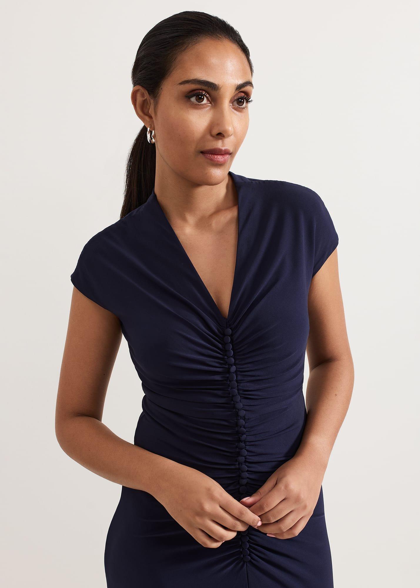 ${product-id}-Petite Daisy Navy Ruched Maxi Dress-Navy-${view-type}