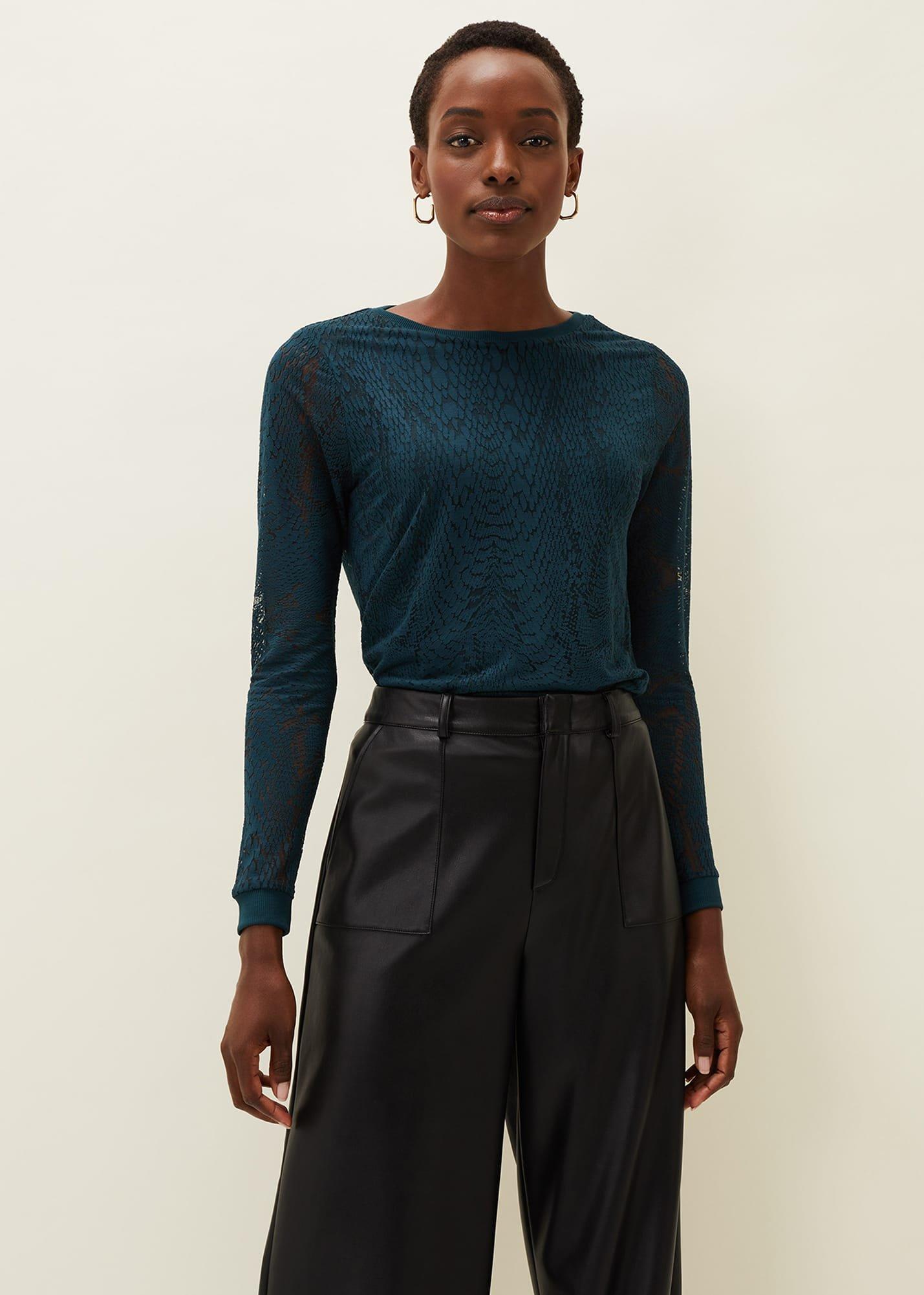 Sakura Snake Print Burnout Lace Sleeve Top