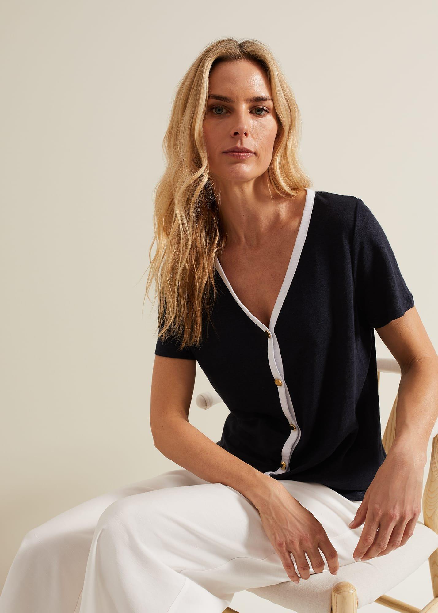 Dorothy Contrast Piping Linen Top