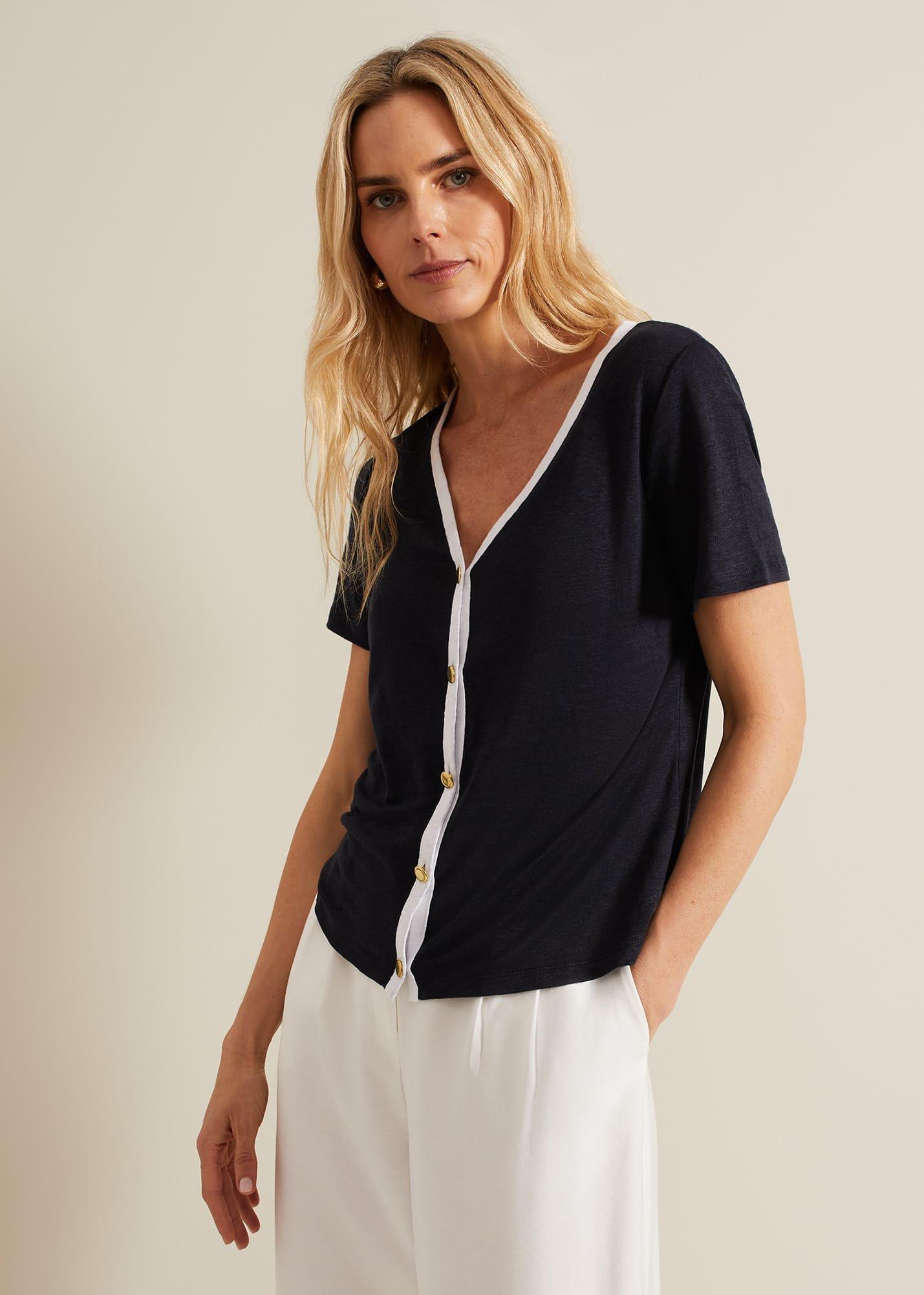 Dorothy Contrast Piping Linen Top