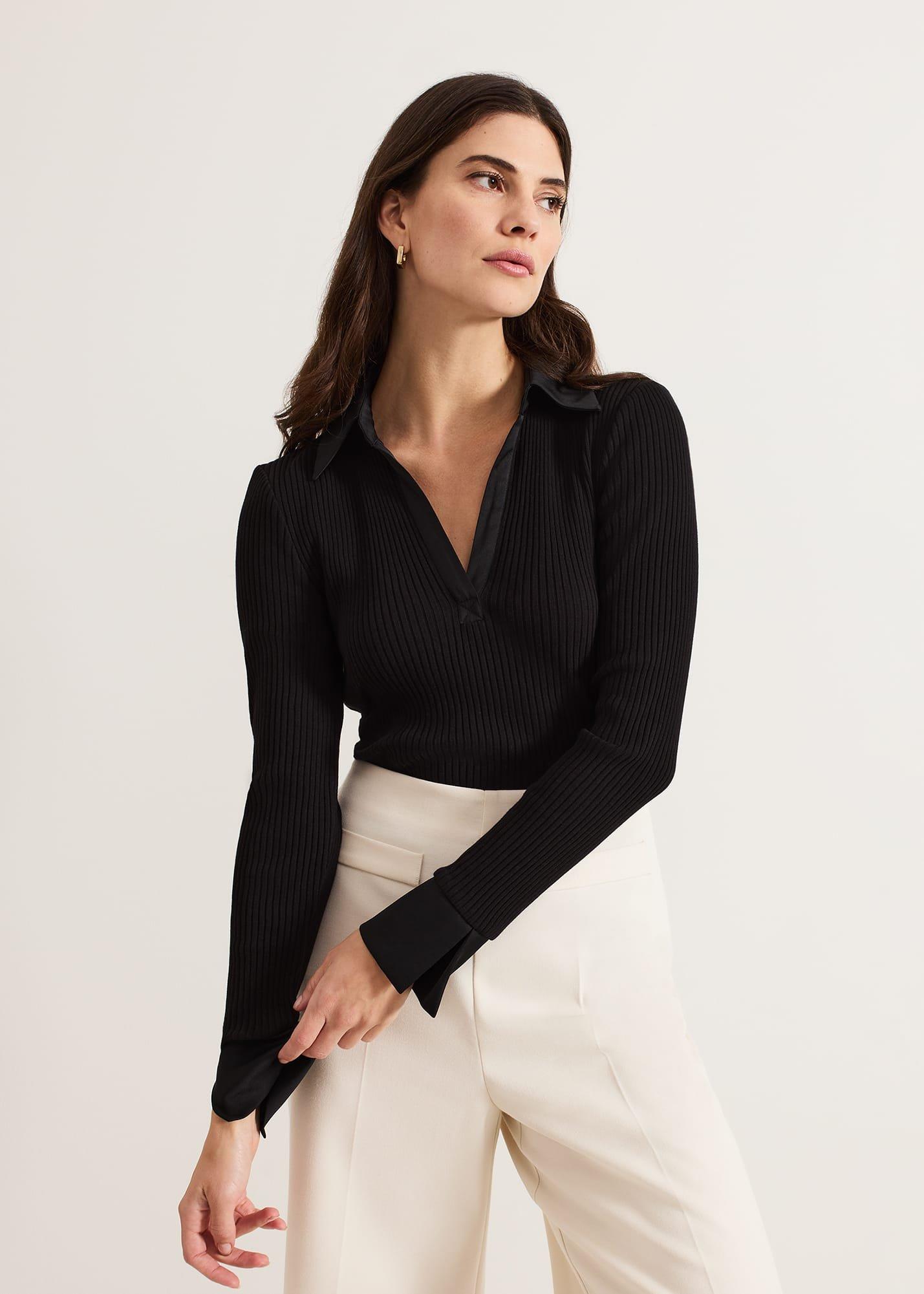 Lisa Black Ribbed Polo Neck Top