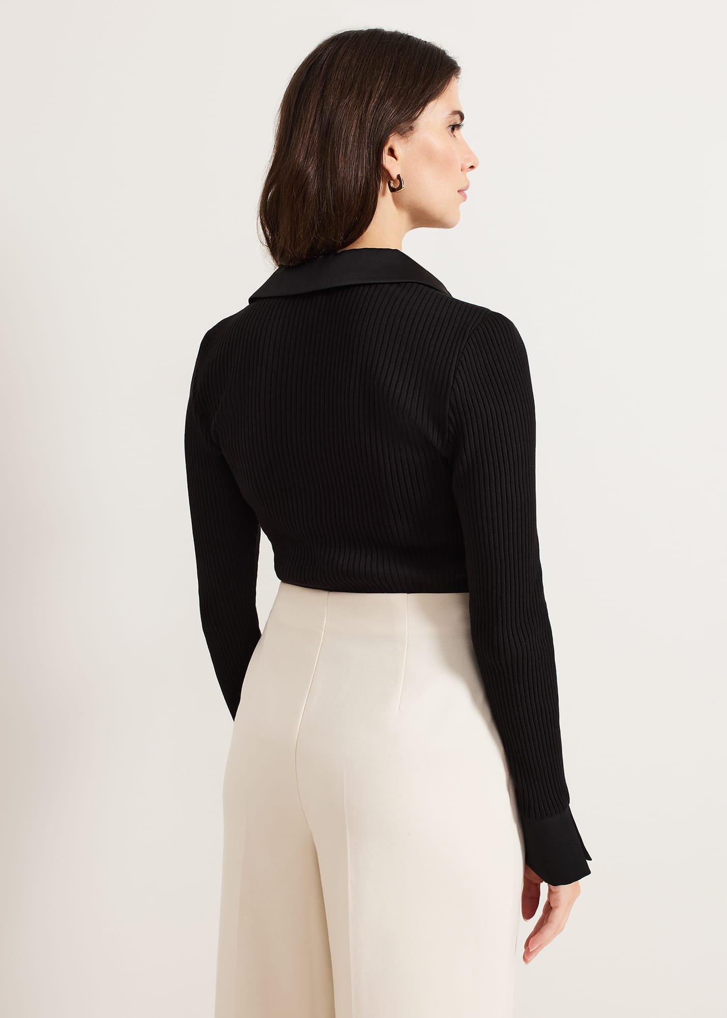 Lisa Black Ribbed Polo Neck Top