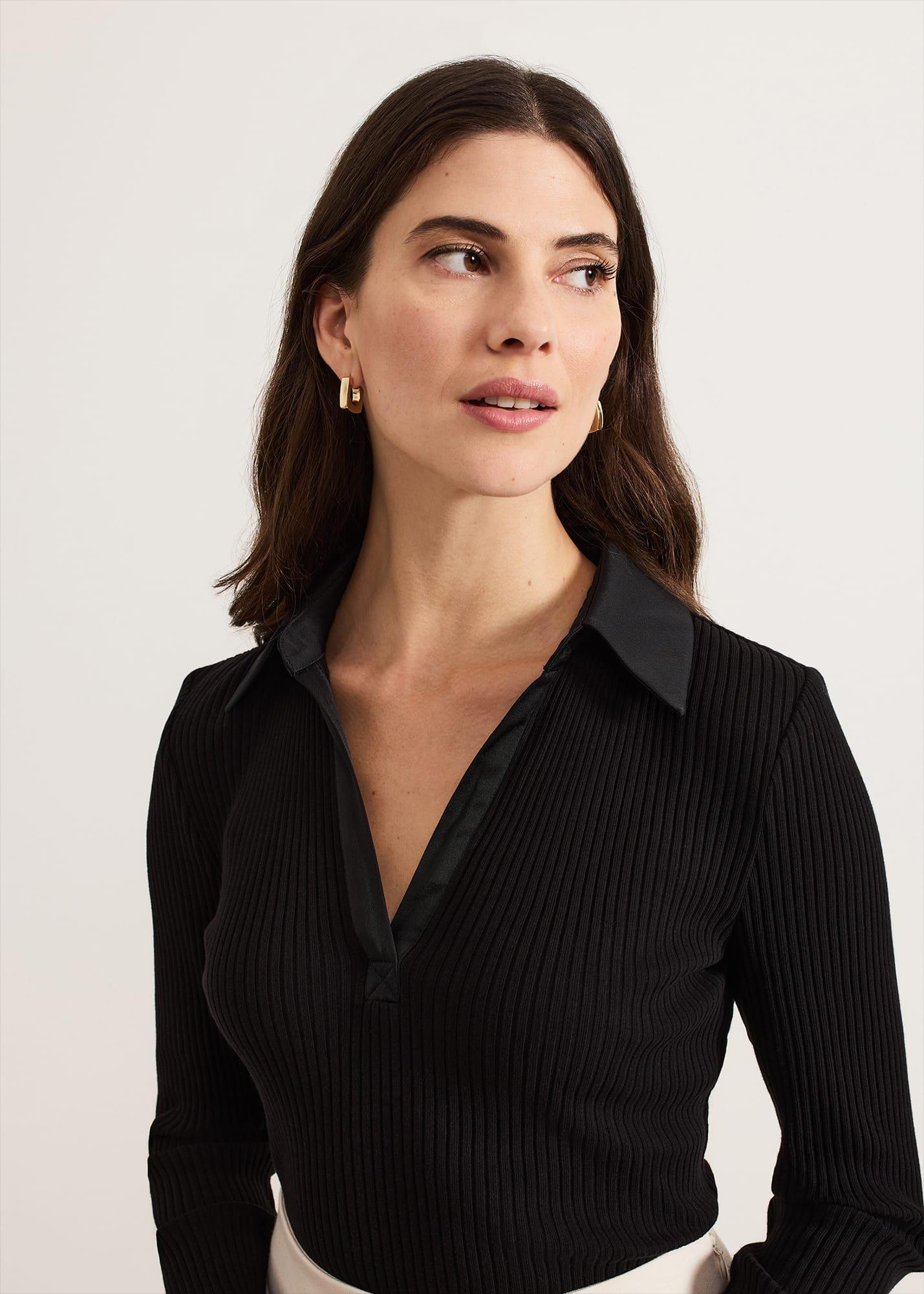 Lisa Black Ribbed Polo Neck Top