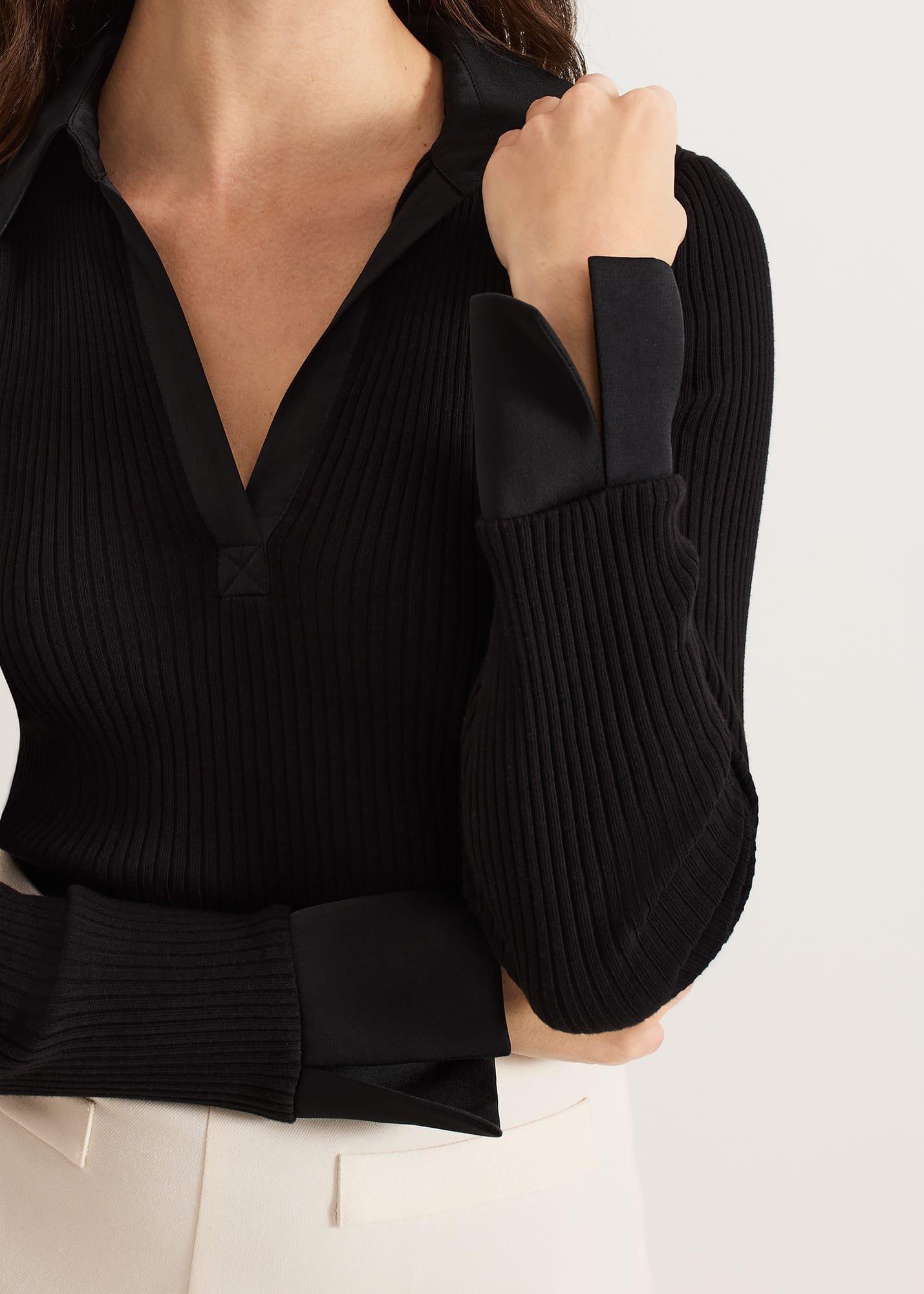 Lisa Black Ribbed Polo Neck Top