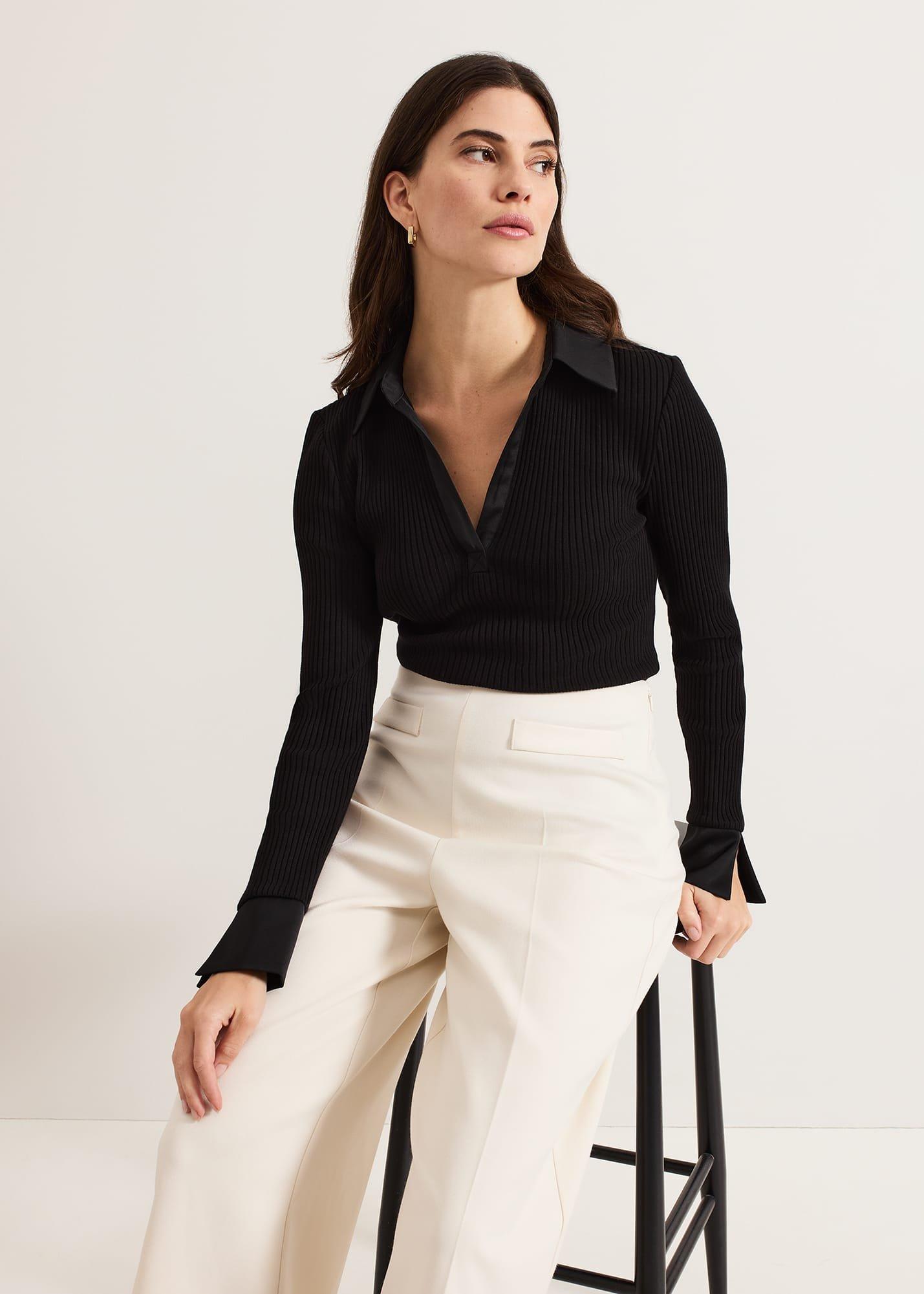 Lisa Black Ribbed Polo Neck Top