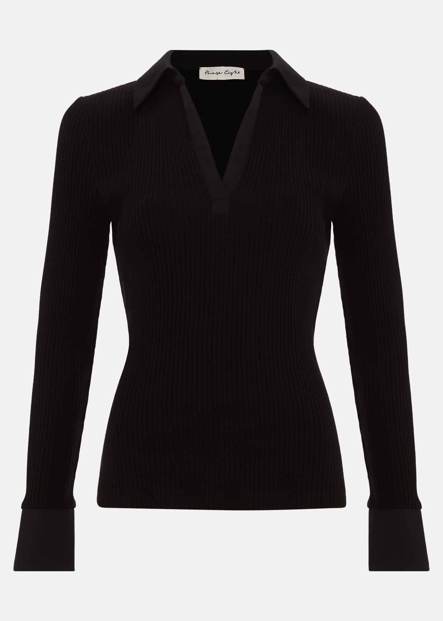 Lisa Black Ribbed Polo Neck Top
