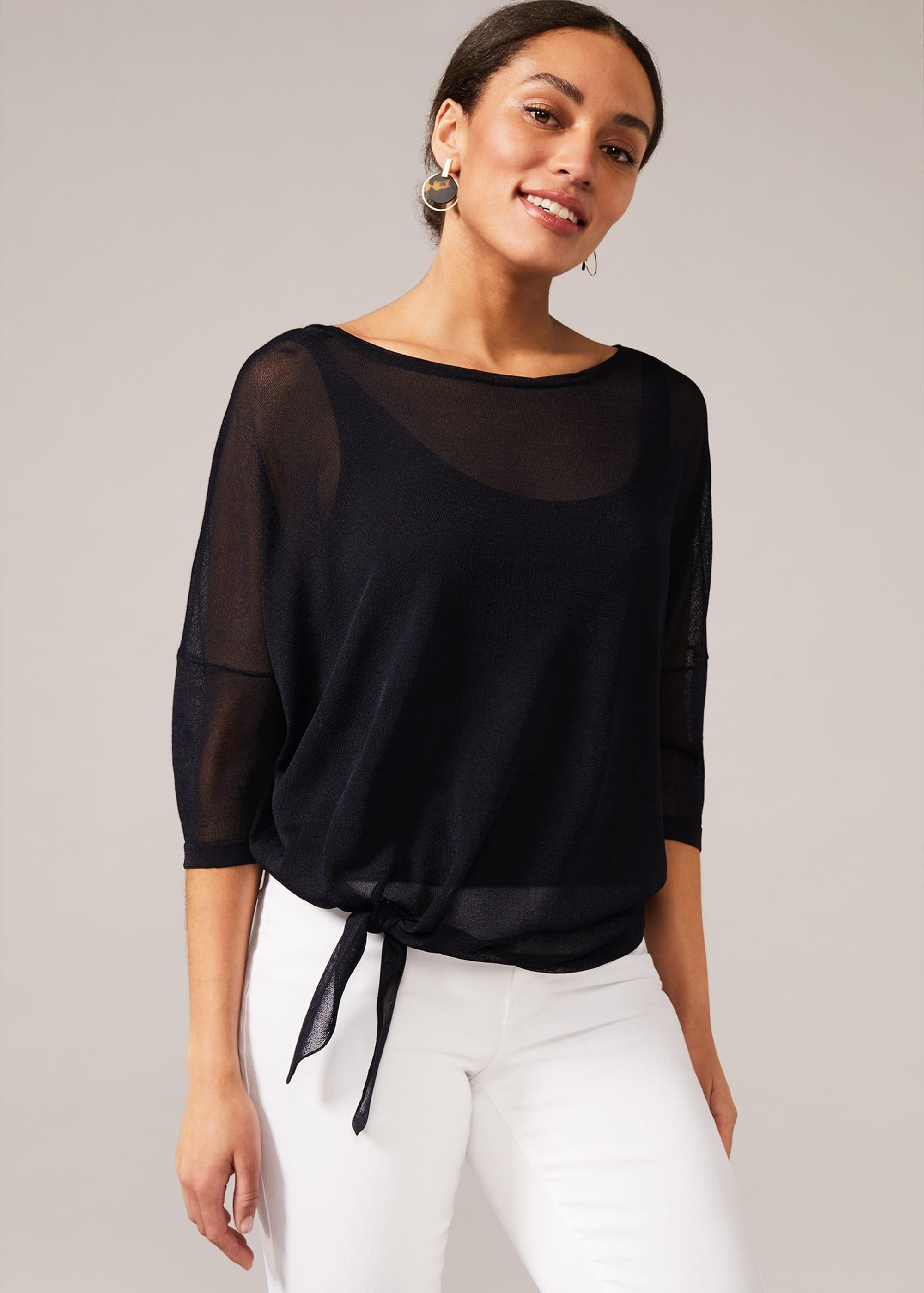 Nat Side Tie Sheer Knit Top