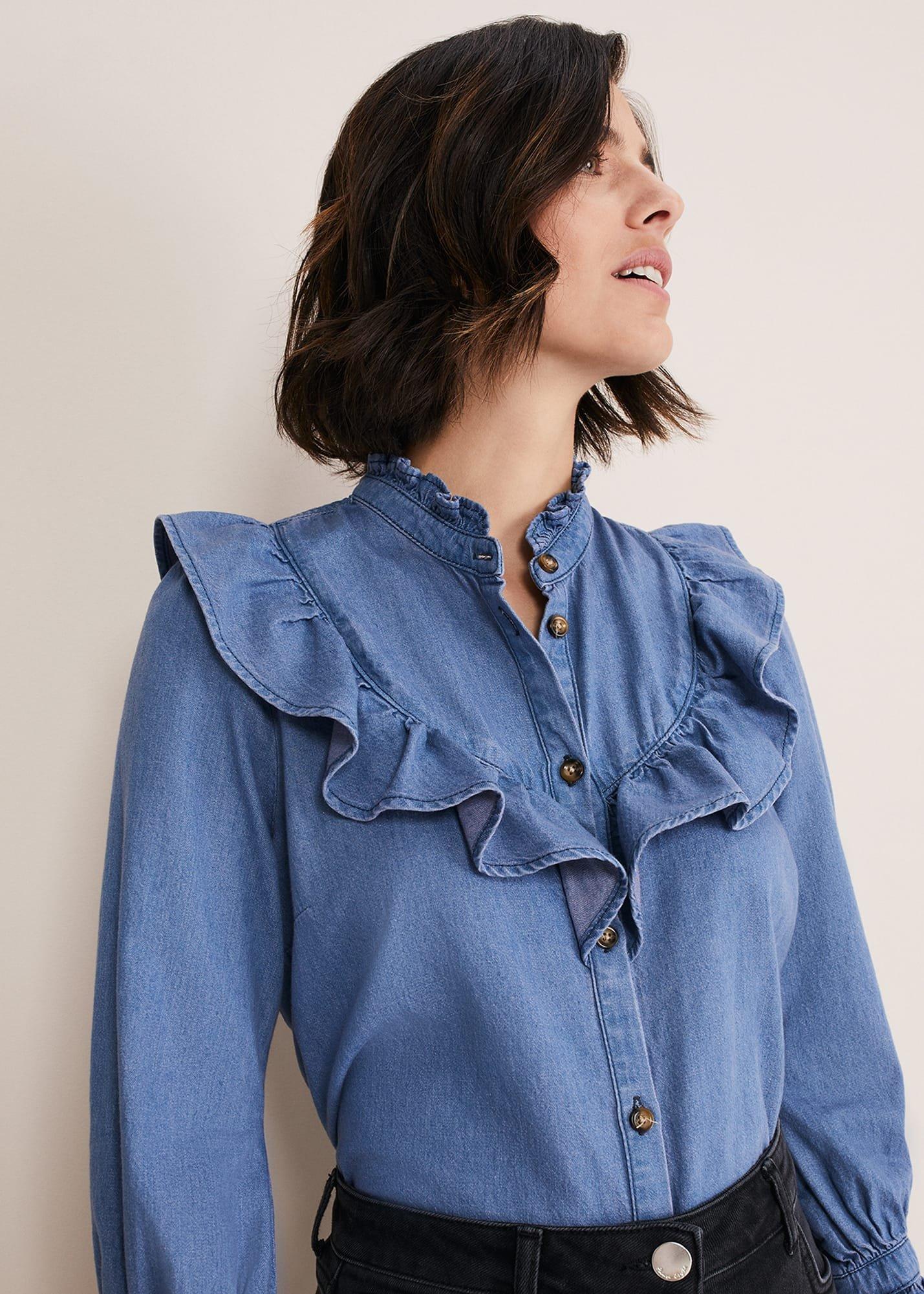 Maryam Ruffle Front Denim Blouse