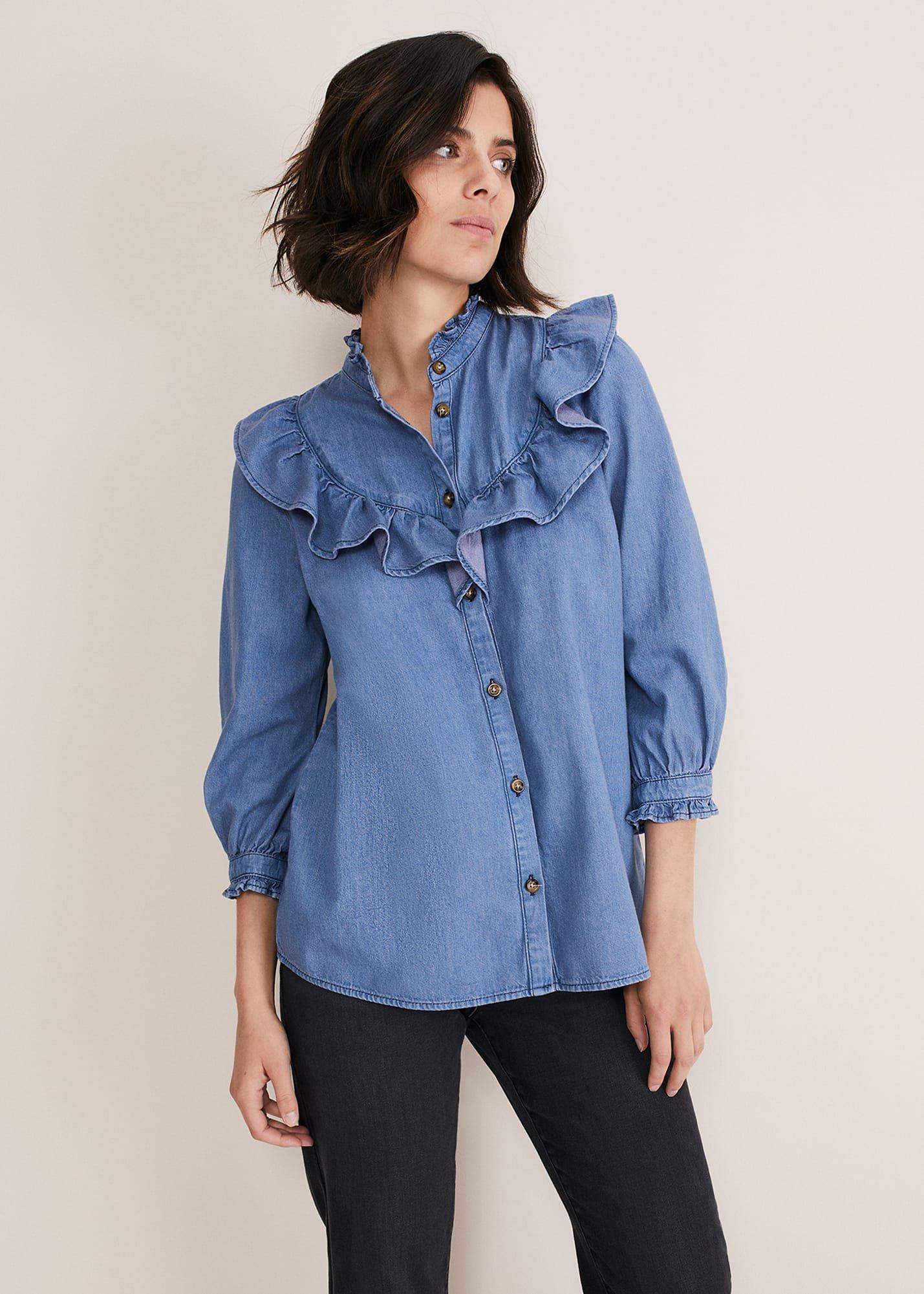 Maryam Ruffle Front Denim Blouse
