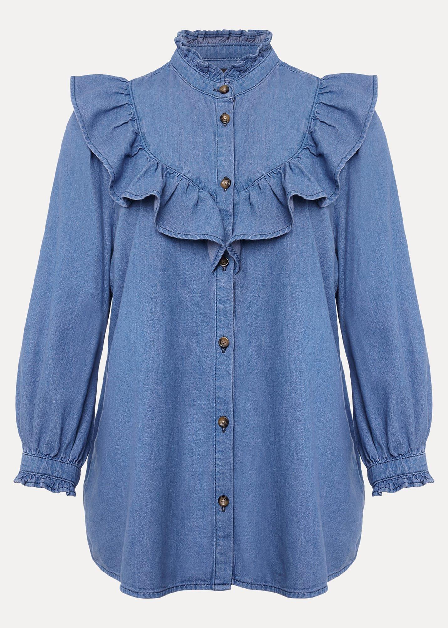 Maryam Ruffle Front Denim Blouse