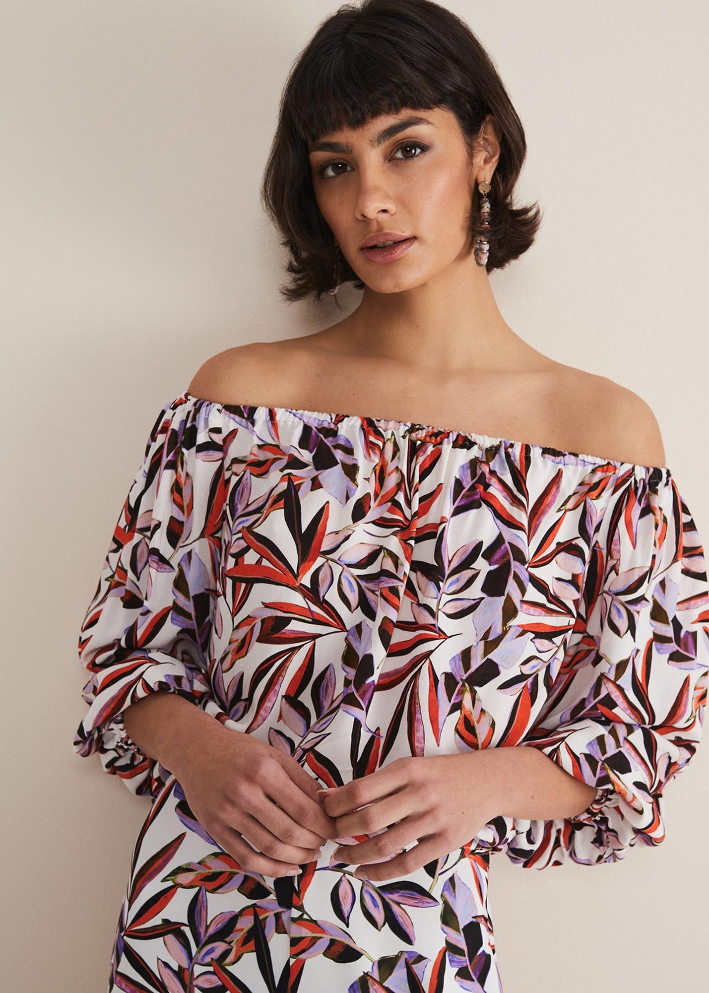 Tona Leaf Print Bardot Top