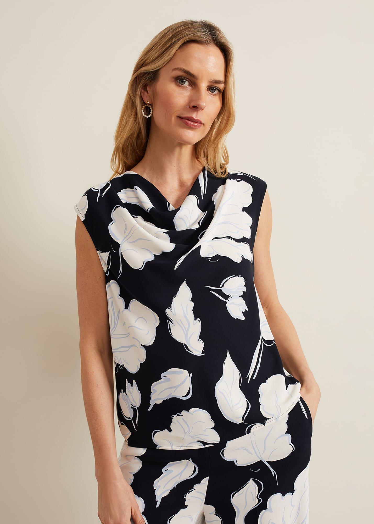 Noelle Leaf Print Cowl Neck Top