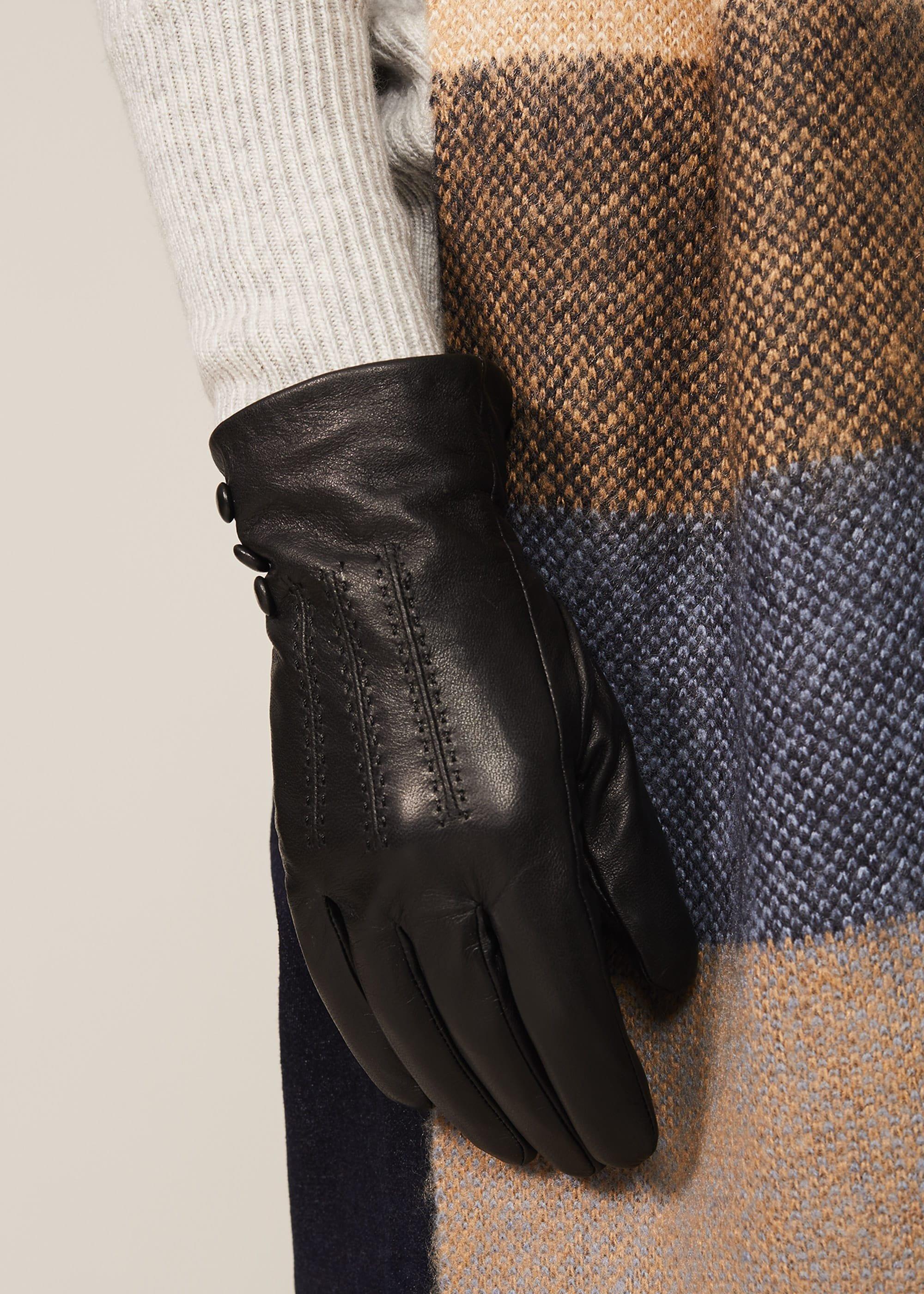 Button Pintuck Leather Gloves