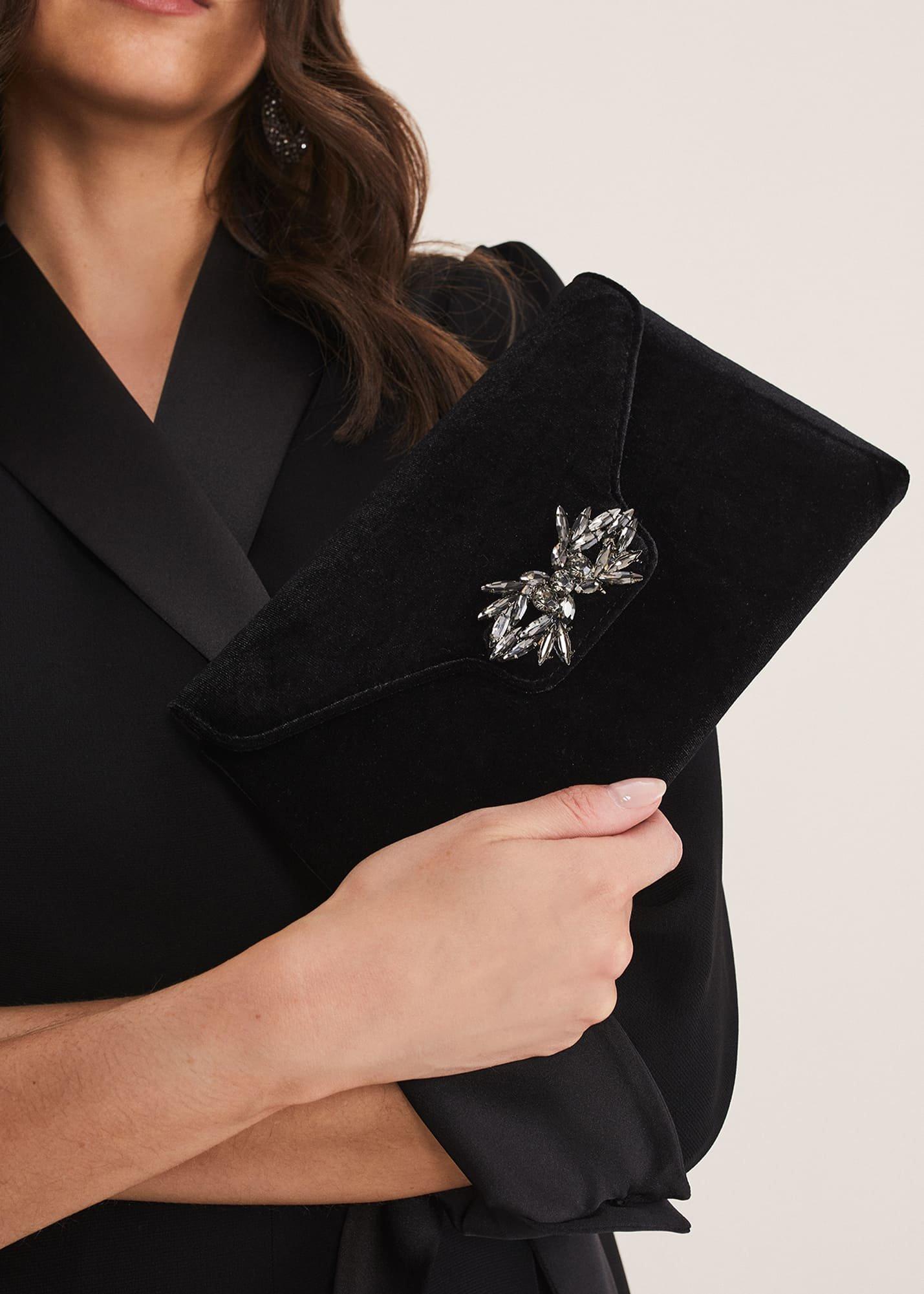 Jewel Front Velvet Clutch Bag