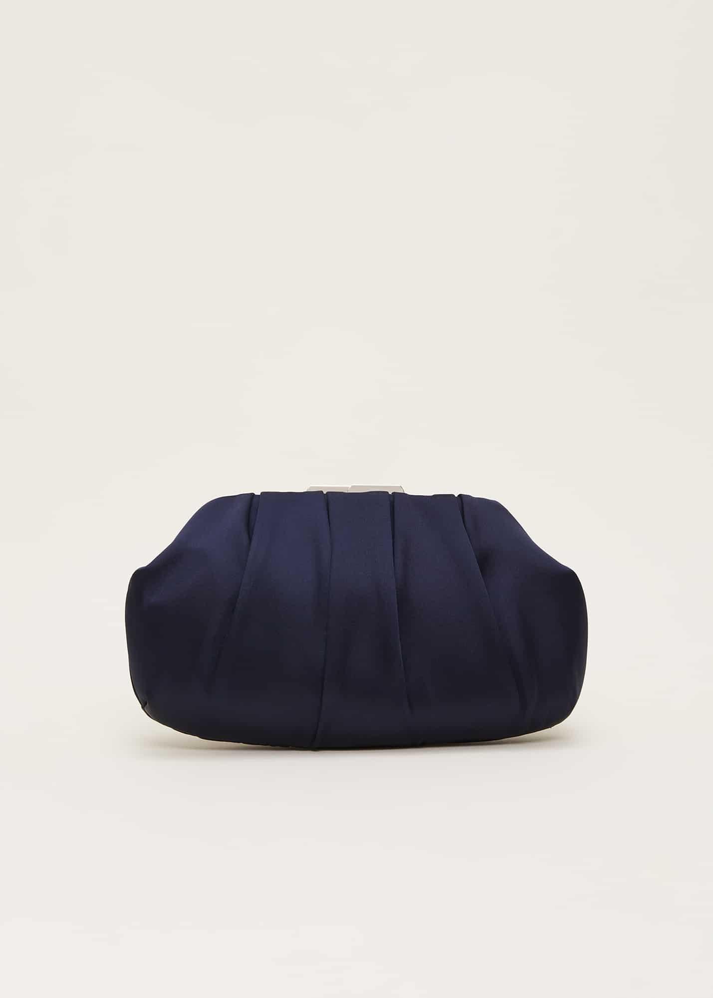 Navy Satin Pleated Clutch Bag