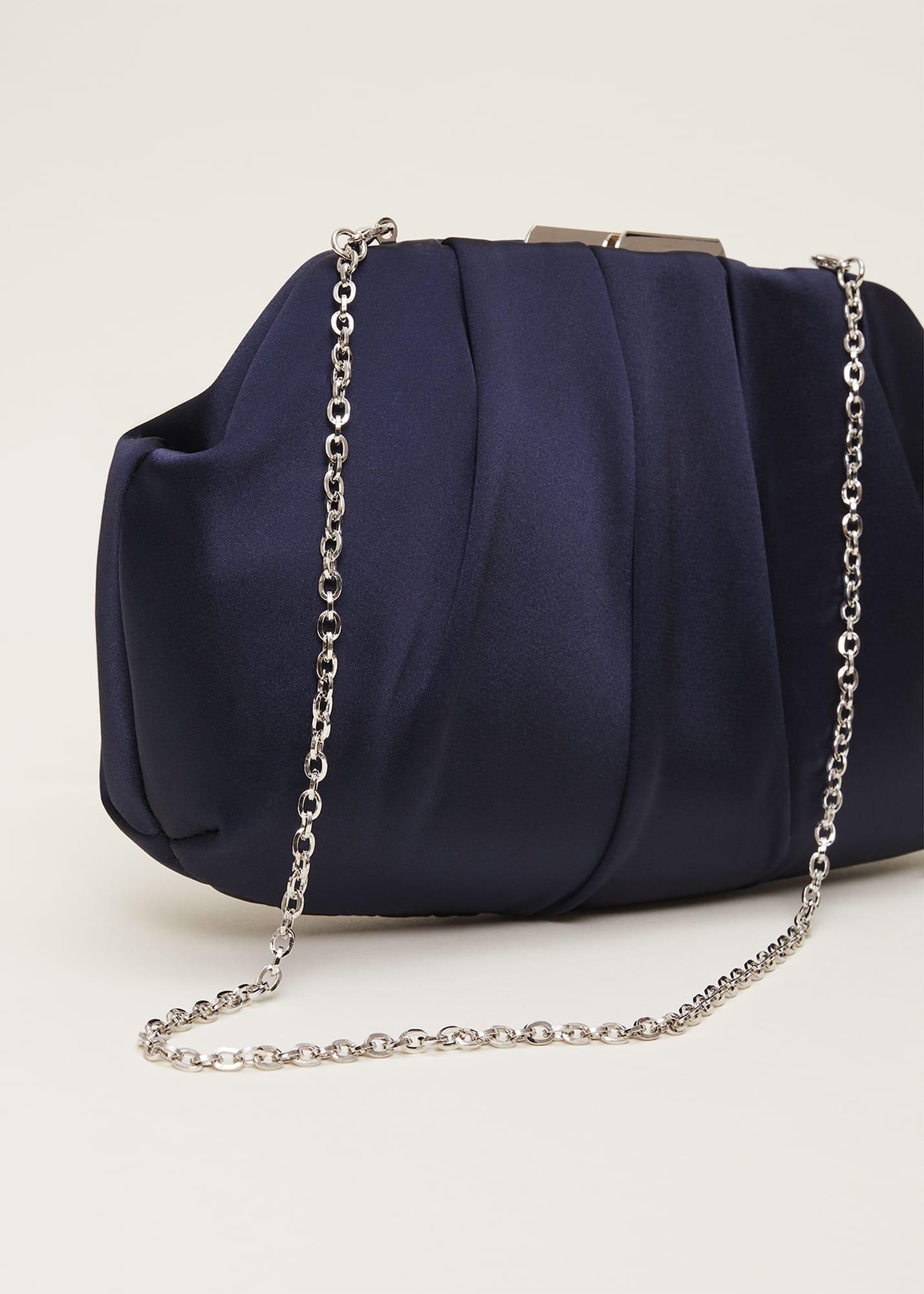 Navy Satin Pleated Clutch Bag