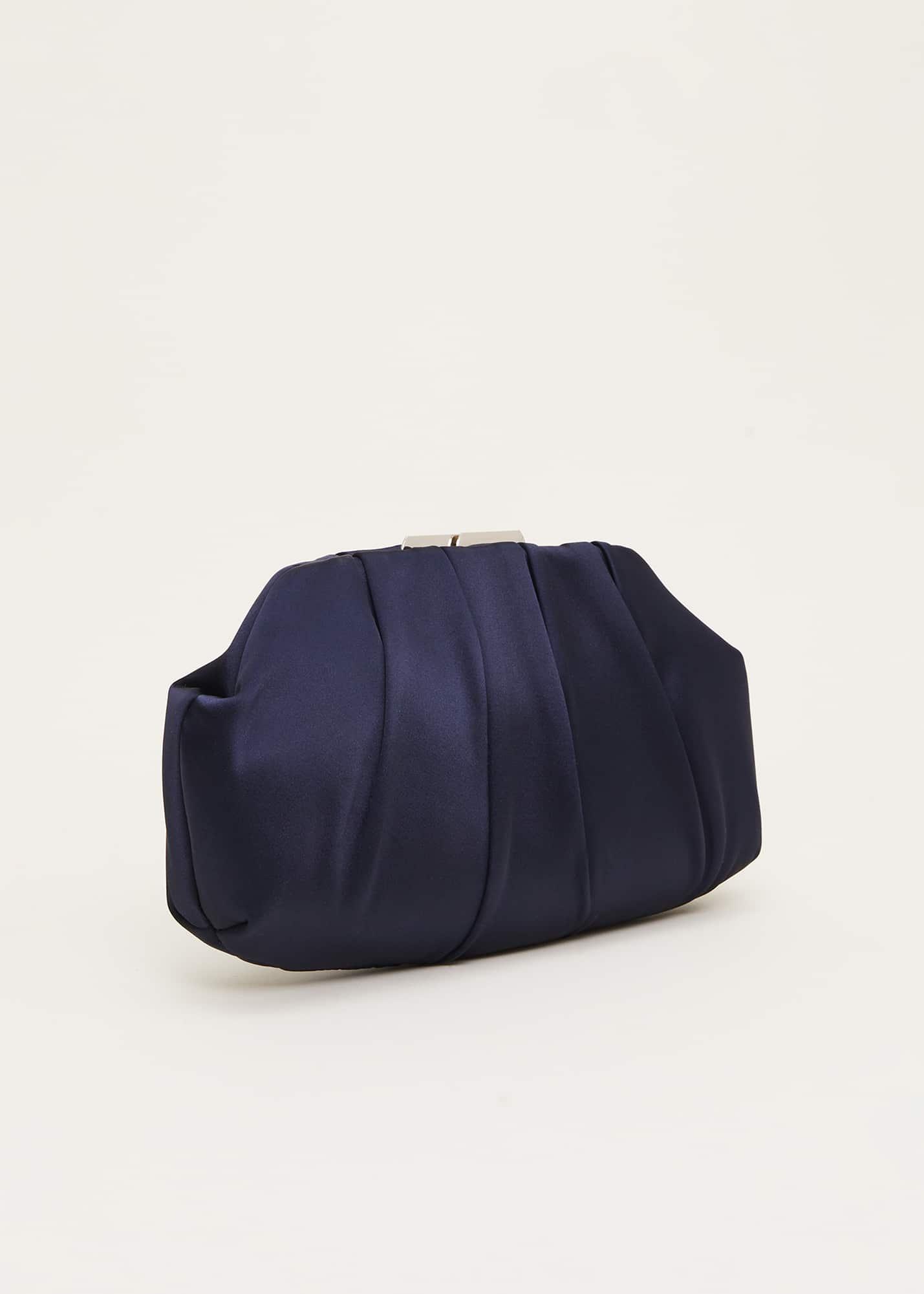 Navy Satin Pleated Clutch Bag