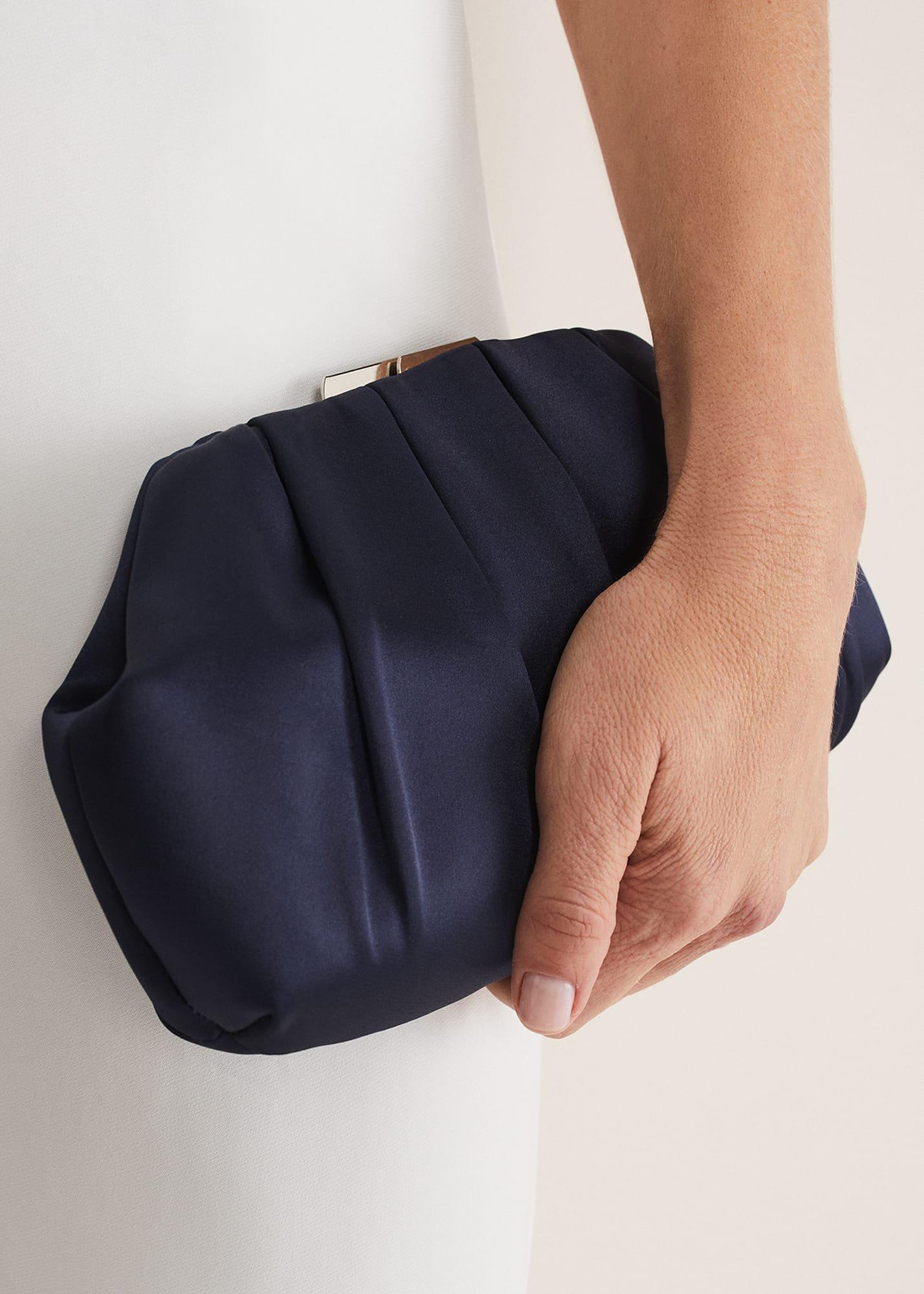 Navy Satin Pleated Clutch Bag
