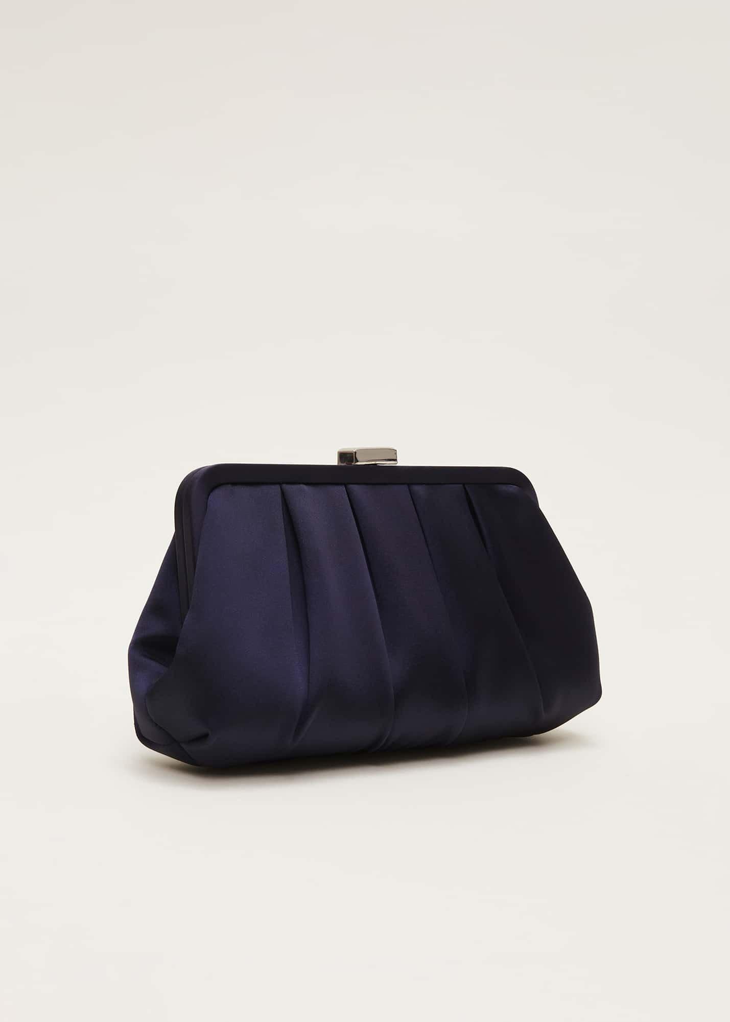 Navy Satin Pleated Clutch Bag