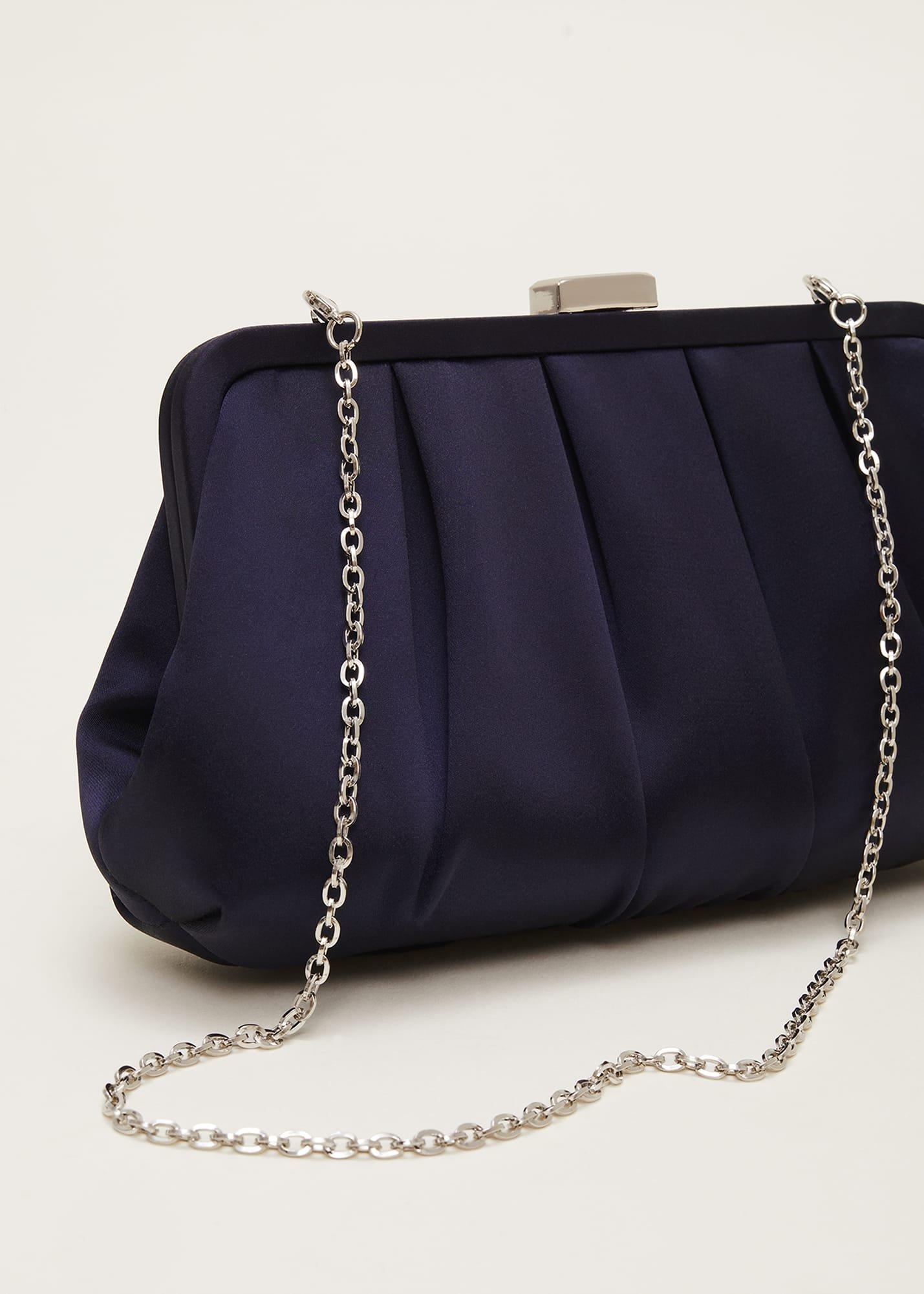 Navy Satin Pleated Clutch Bag