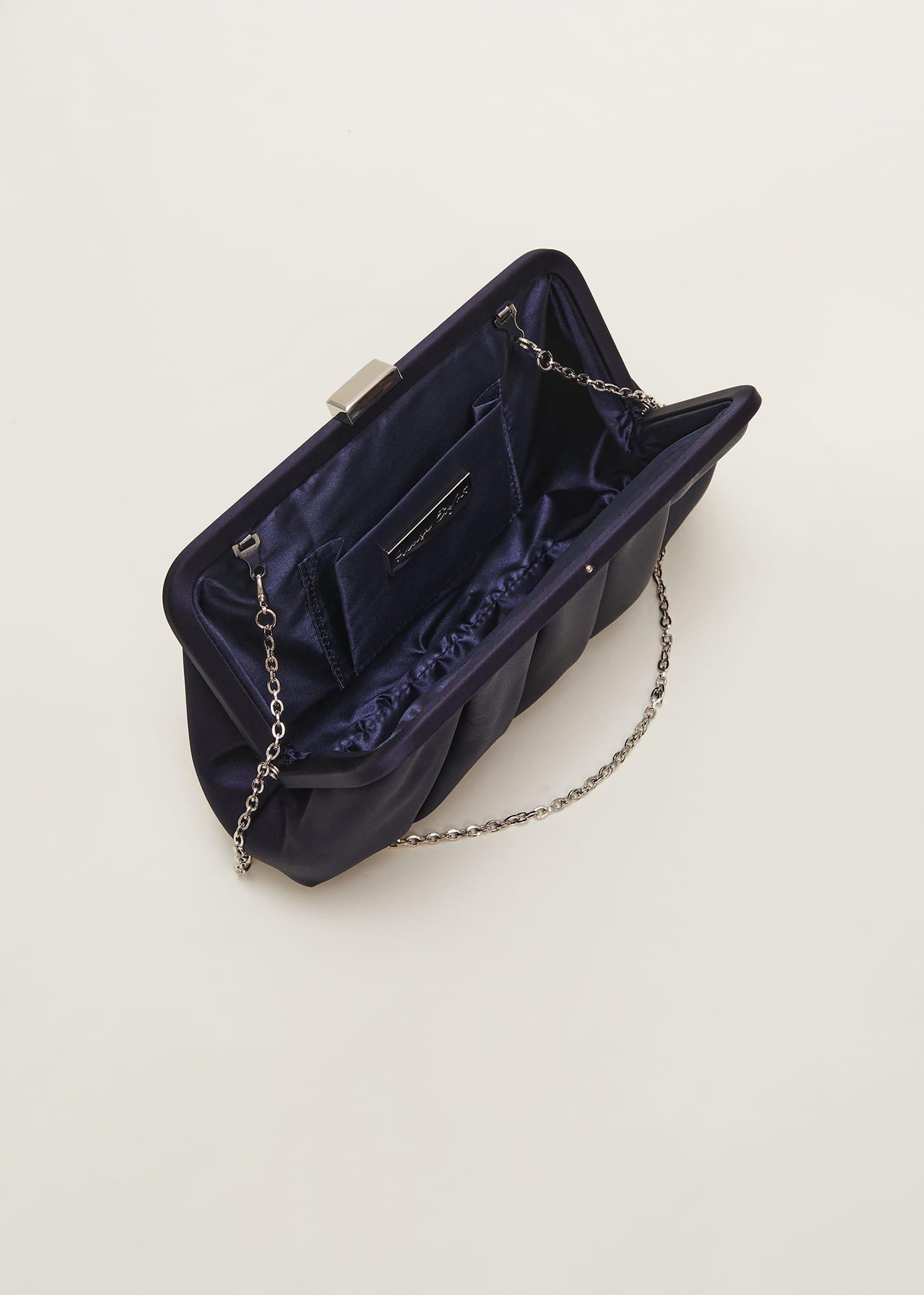 Navy Satin Pleated Clutch Bag