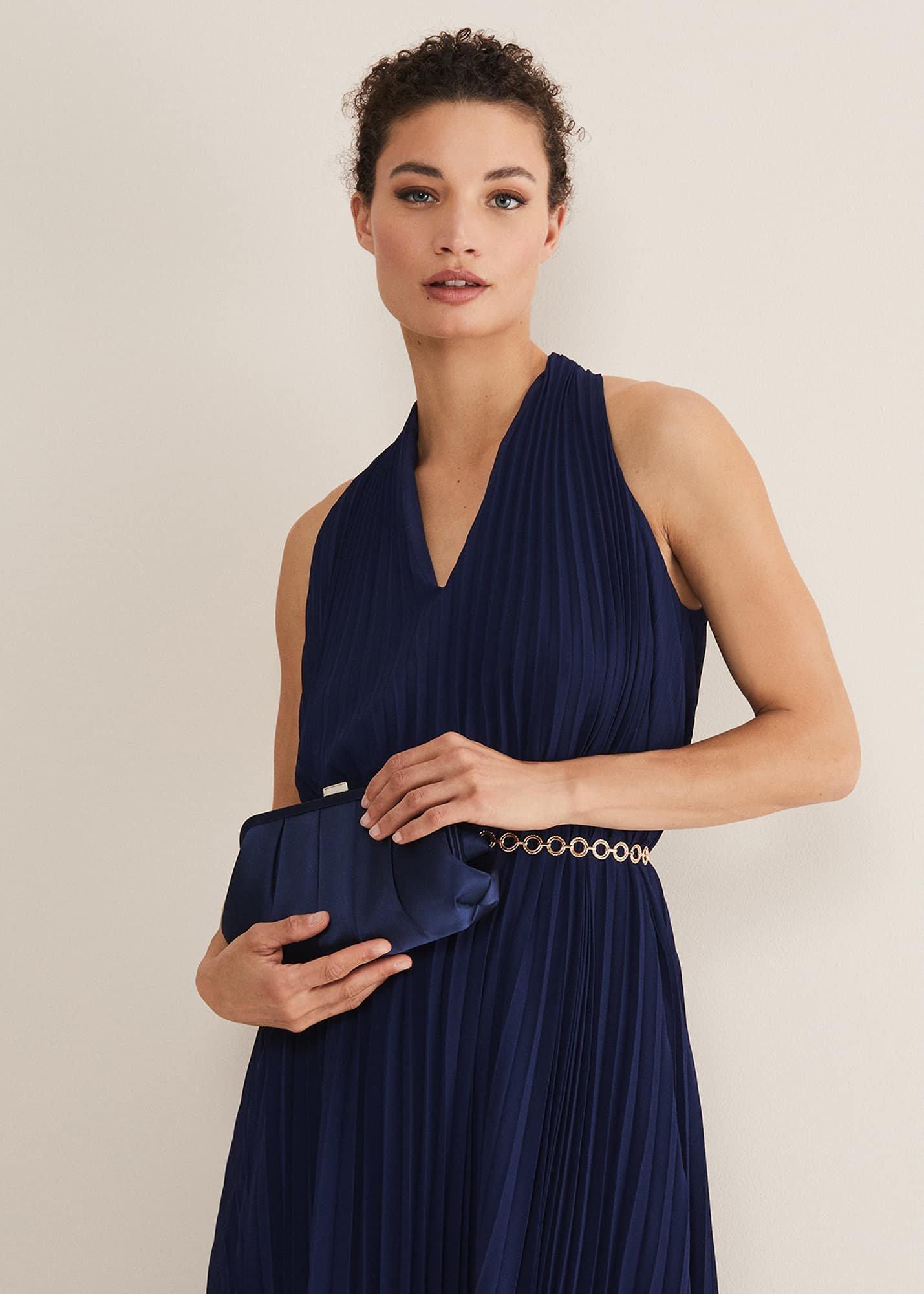 Navy Satin Pleated Clutch Bag