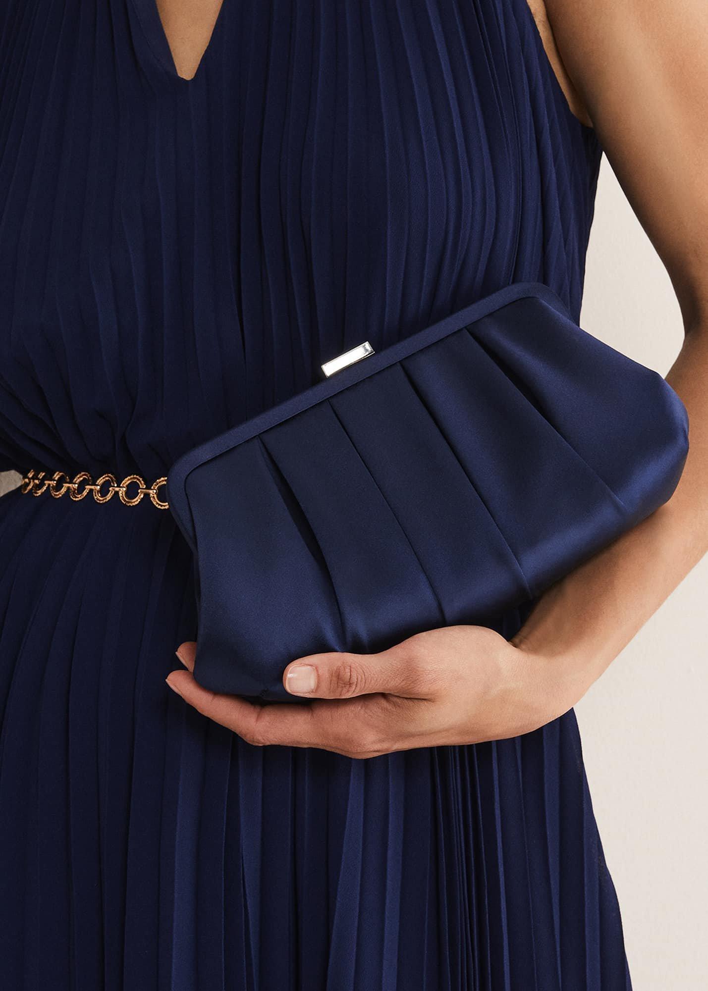 Navy Satin Pleated Clutch Bag