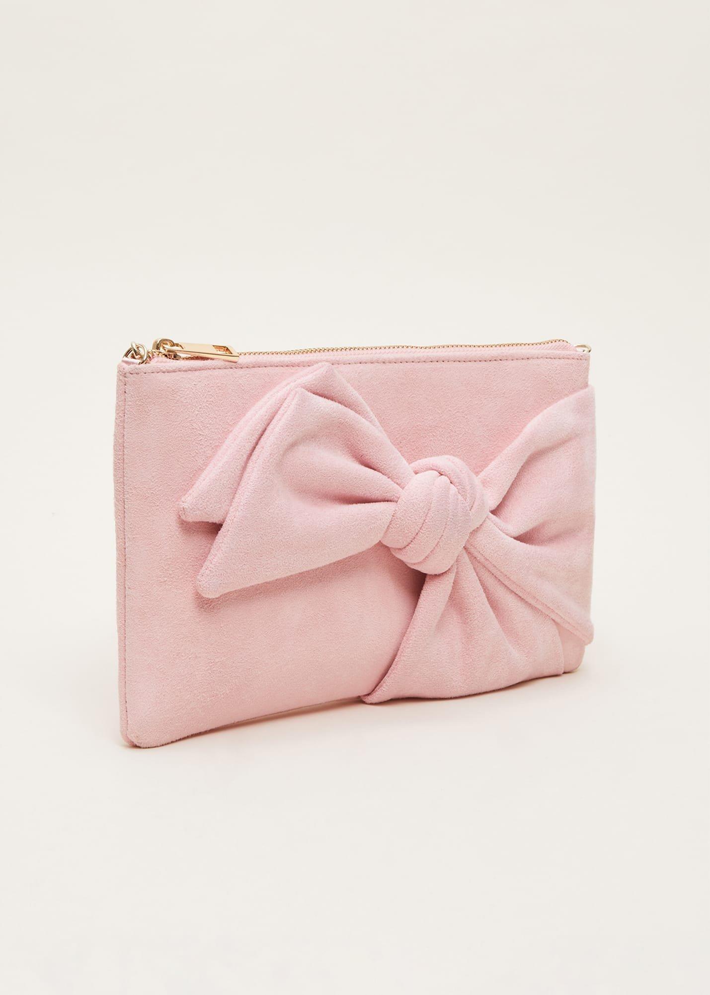 Pink Suede Bow Clutch Bag