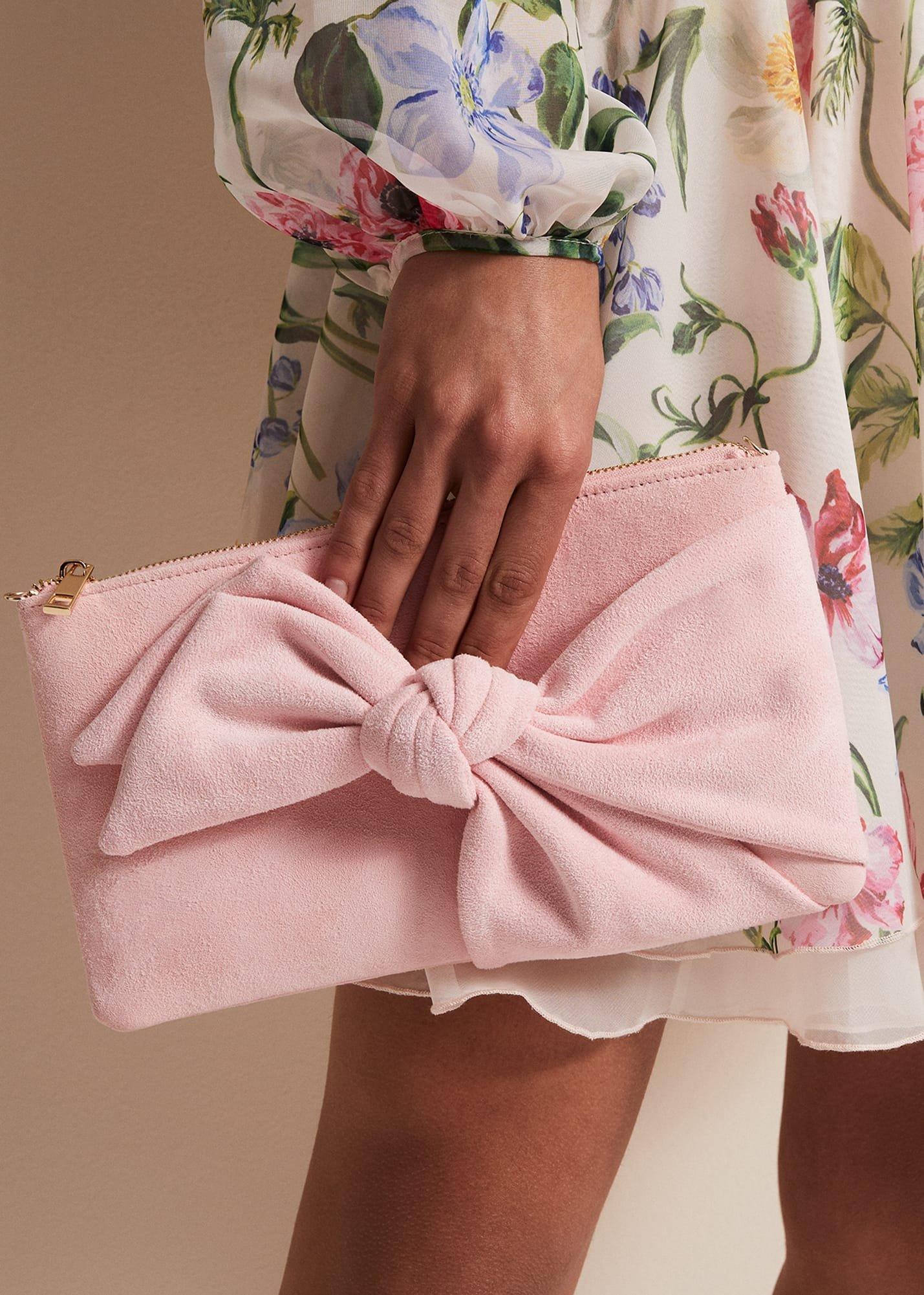 Pink Suede Bow Clutch Bag