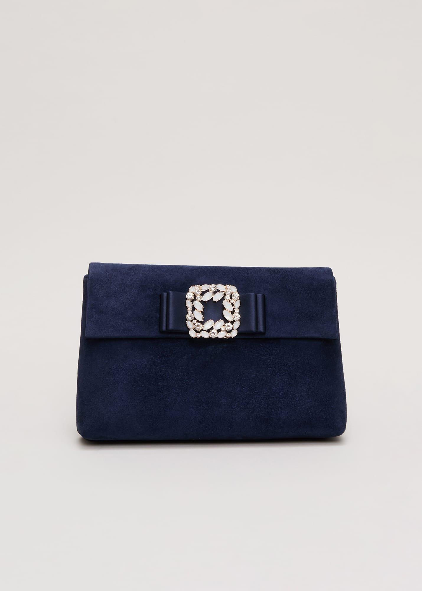 Suede Embellished Trim Clutch Bag