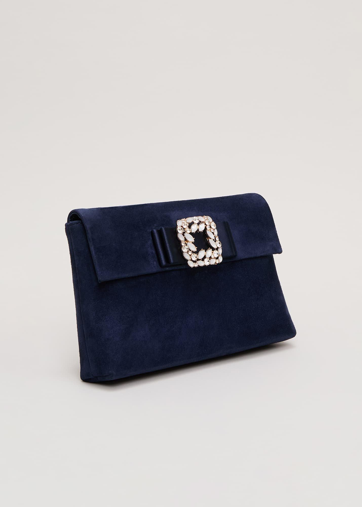 Suede Embellished Trim Clutch Bag