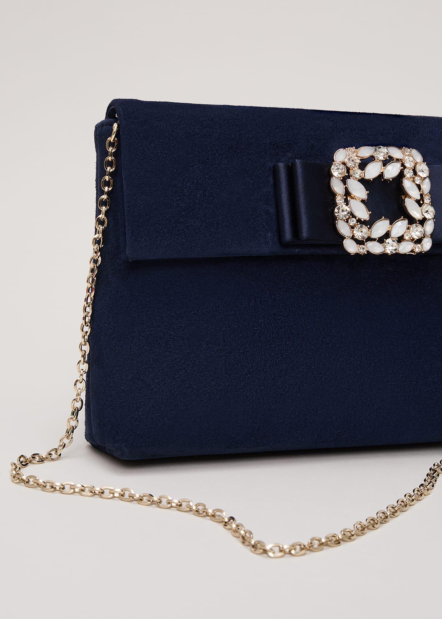 Suede Embellished Trim Clutch Bag