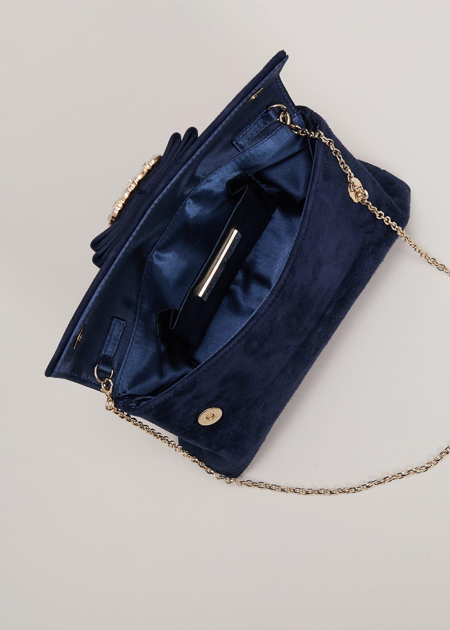 Suede Embellished Trim Clutch Bag