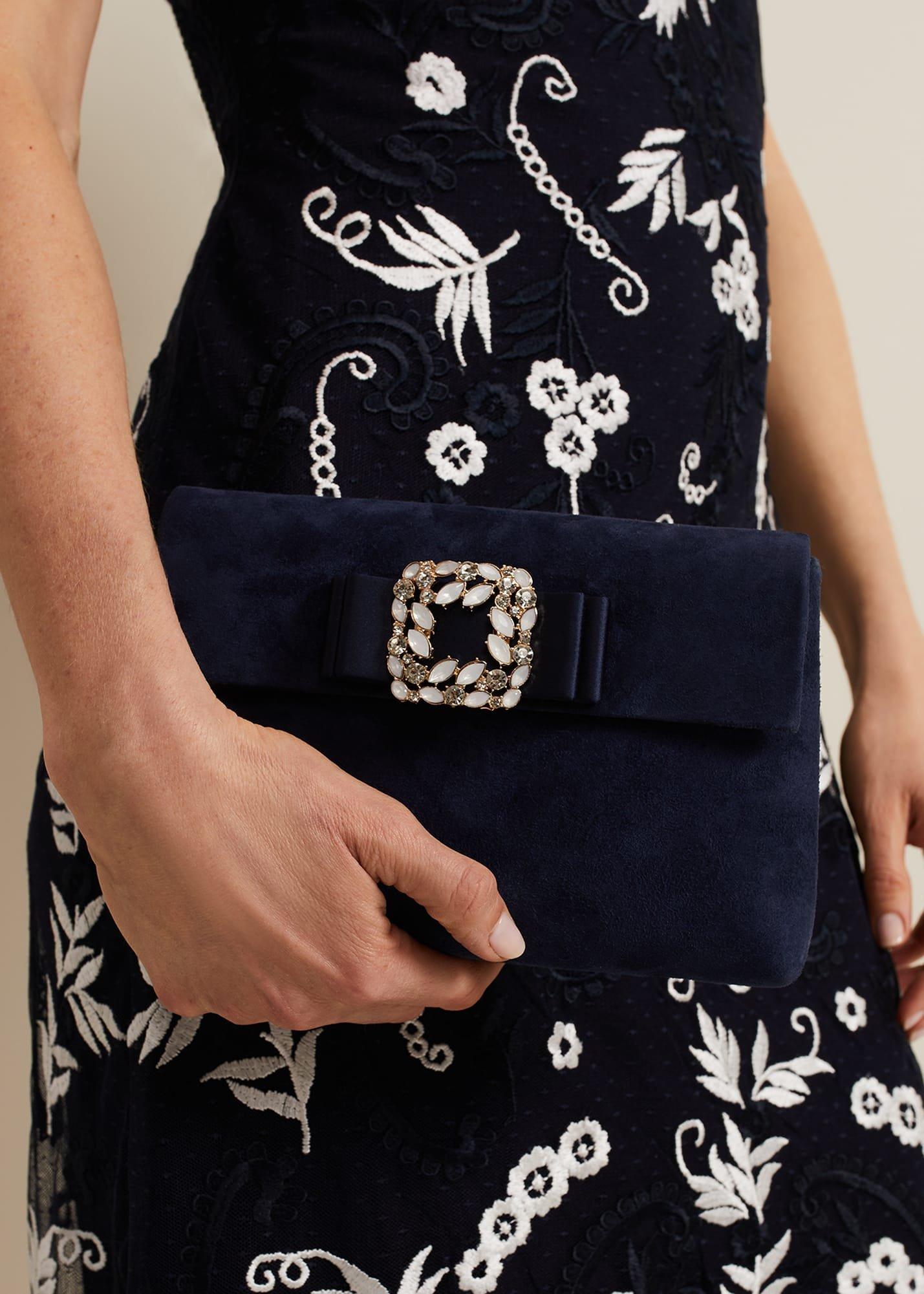 Suede Embellished Trim Clutch Bag