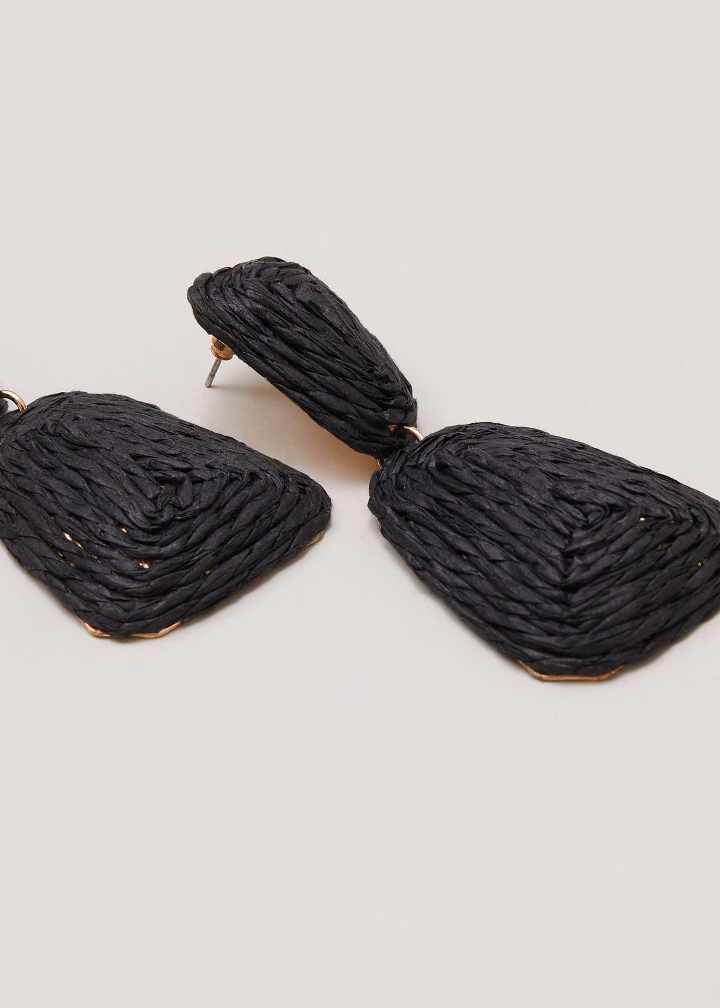 Black Raffia Square Drop Earrings