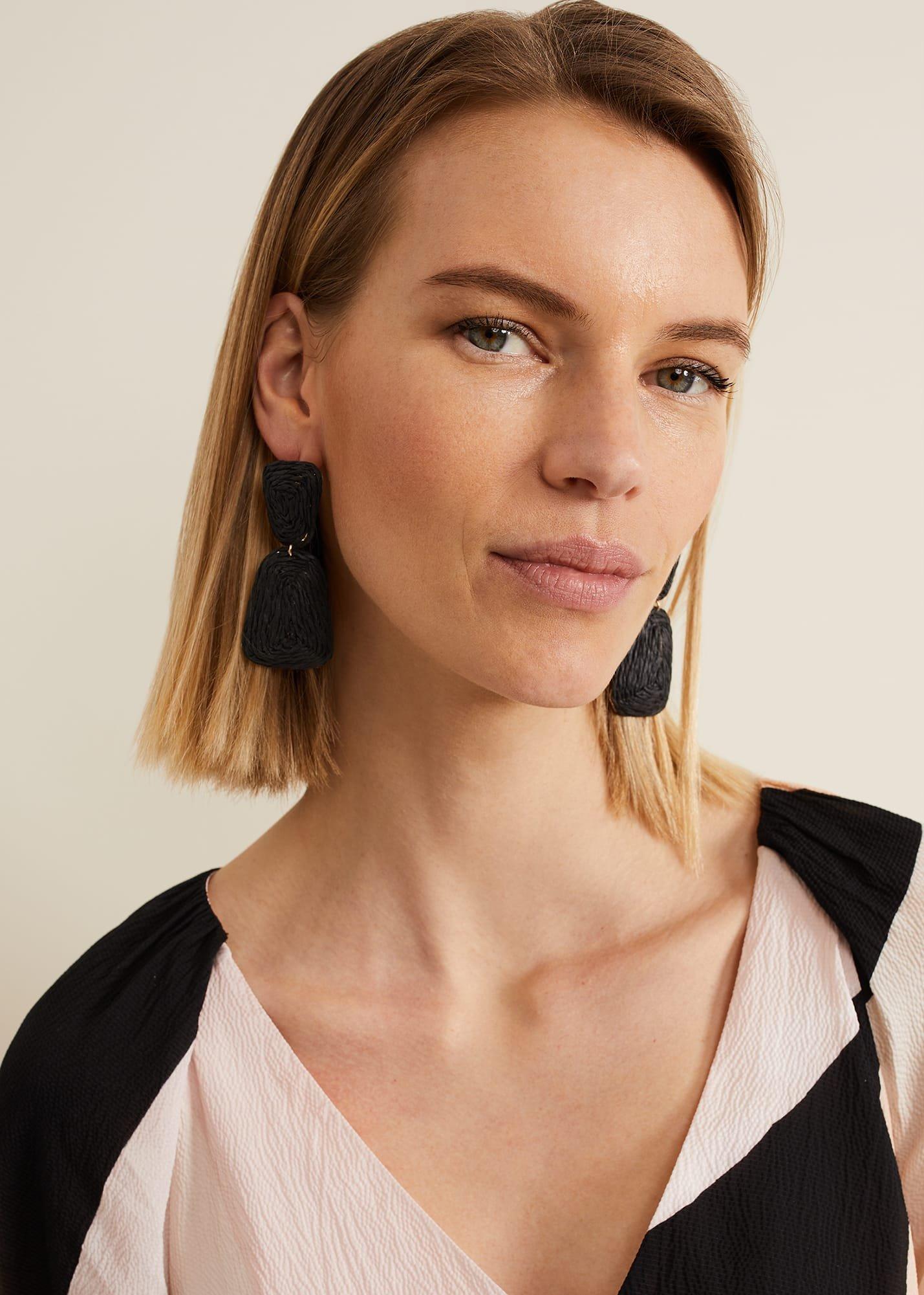 Black Raffia Square Drop Earrings