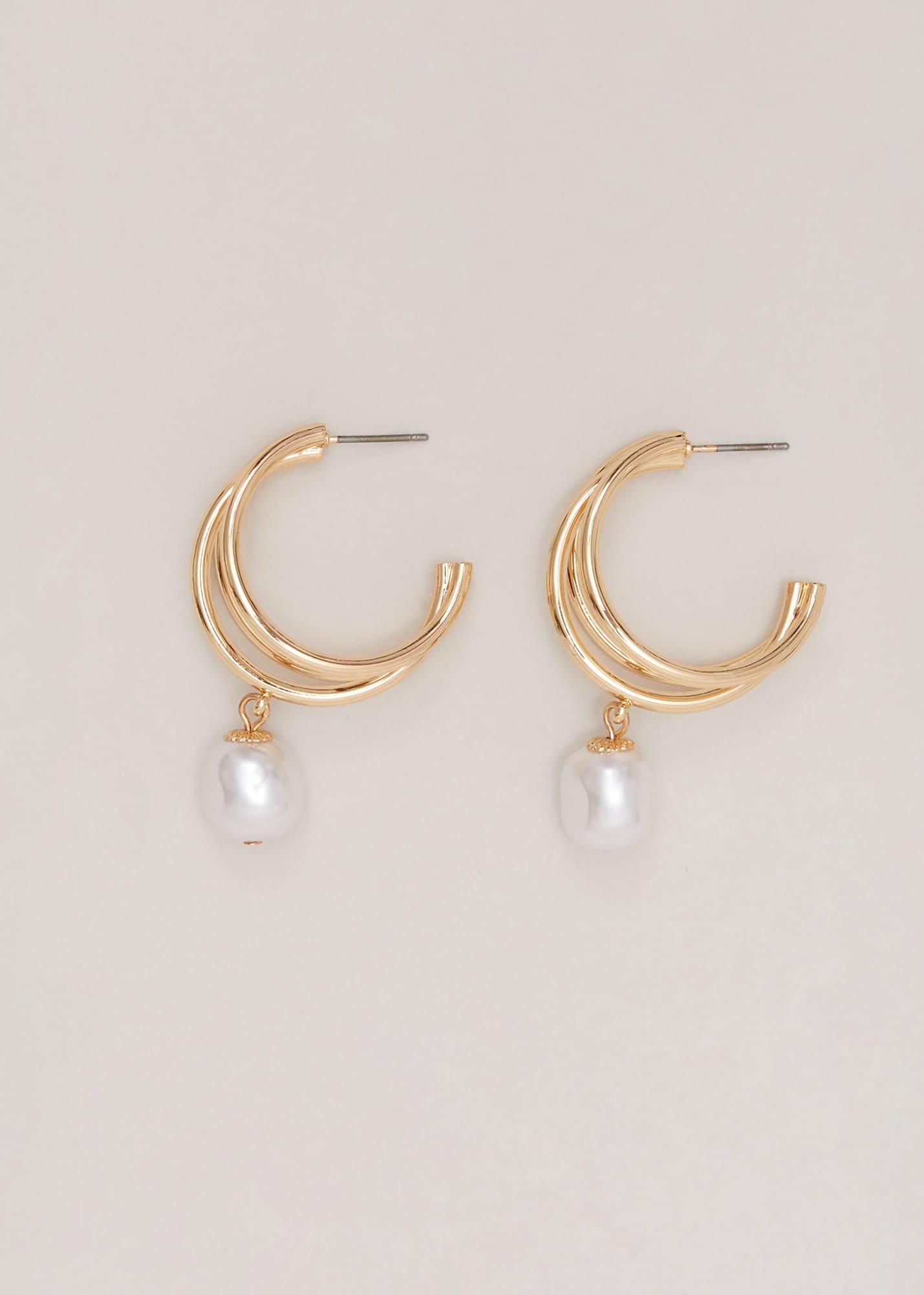 Gold Triple Hoop Pearl Drop Earrings