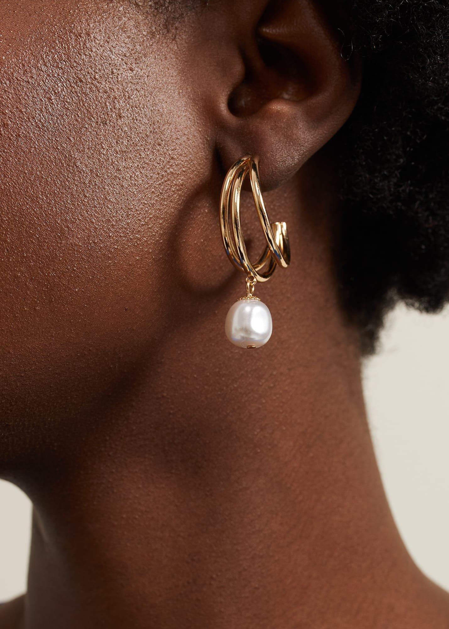 Gold Triple Hoop Pearl Drop Earrings