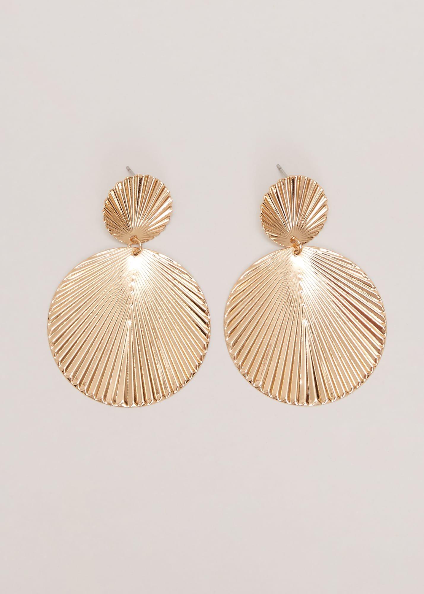 Gold Textured Circular Drop Earrings