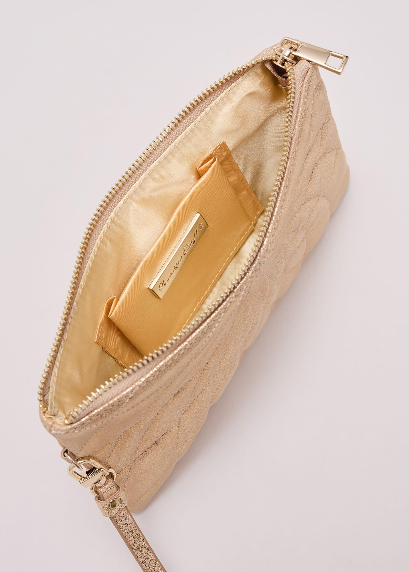 Gold Leather Crossover Stitch Clutch Bag