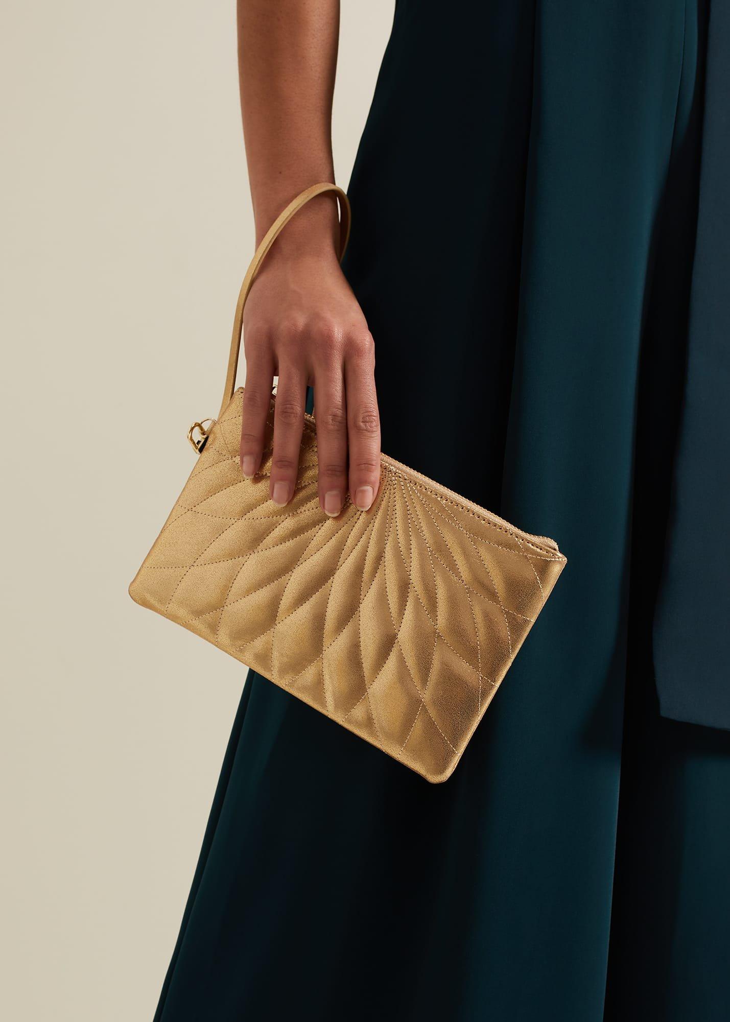 Gold Leather Crossover Stitch Clutch Bag