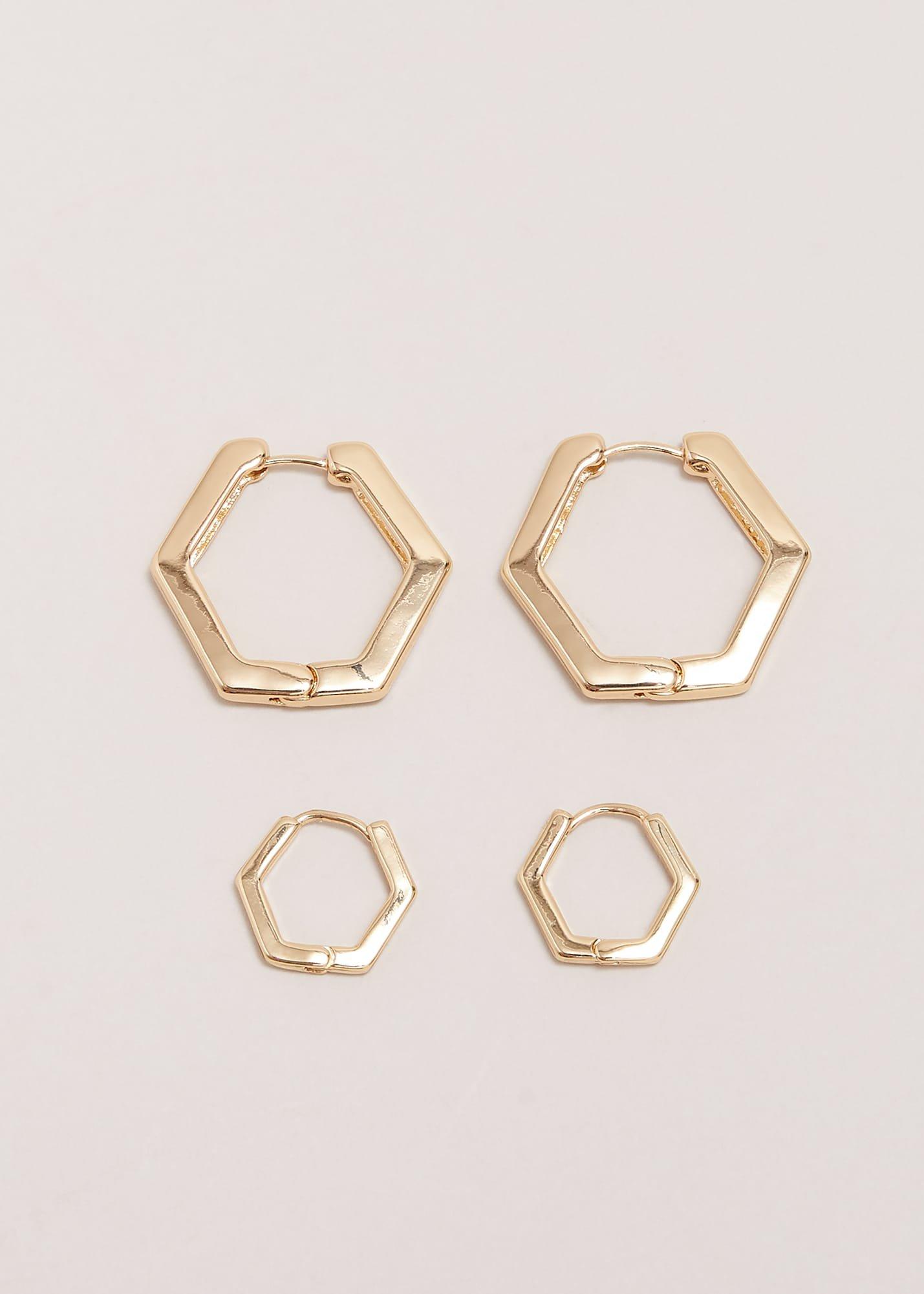 Gold Hexagon Hoop Earrings Set