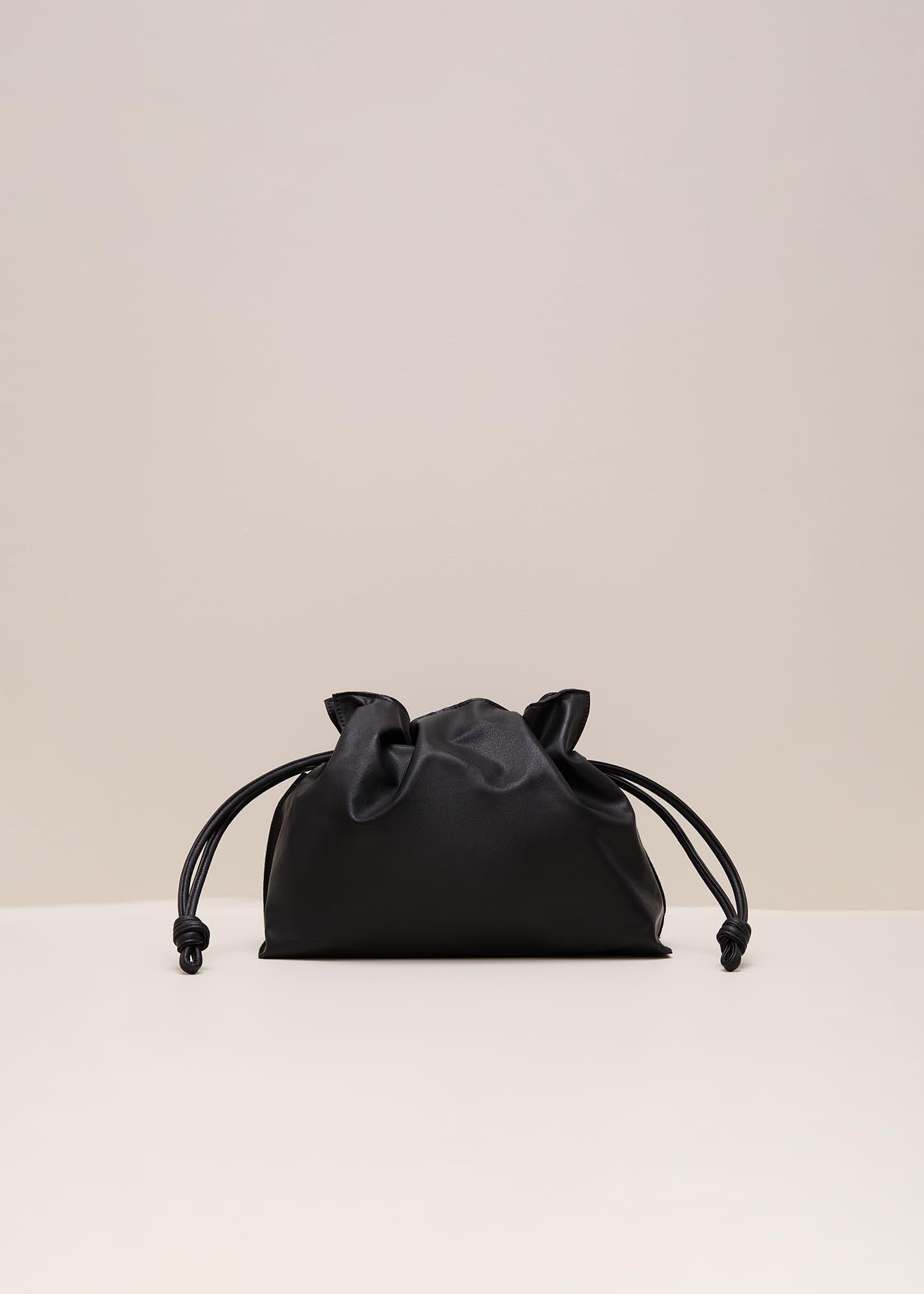 Black Leather Drawstring Soft Pouch Bag
