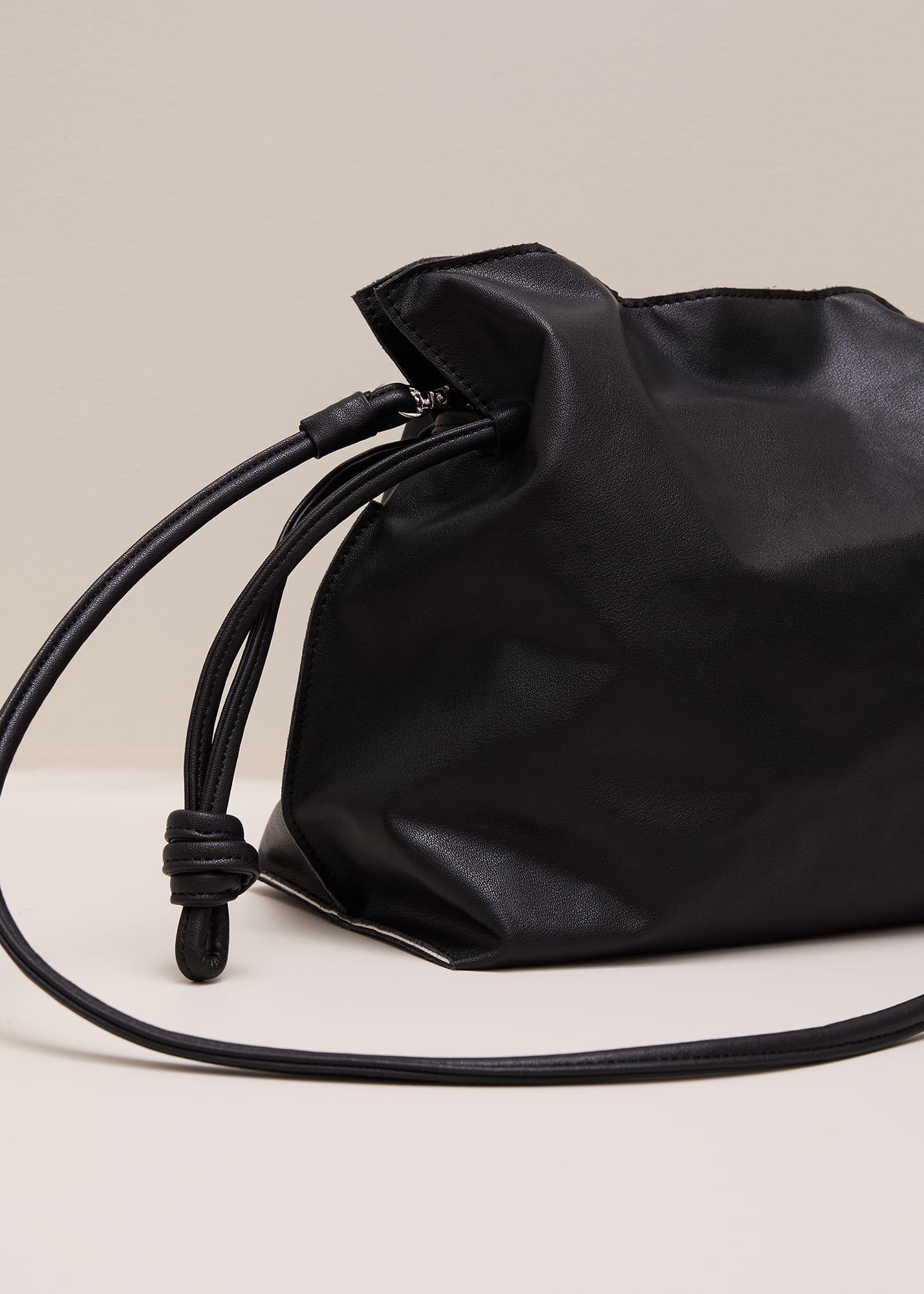 Black Leather Drawstring Soft Pouch Bag